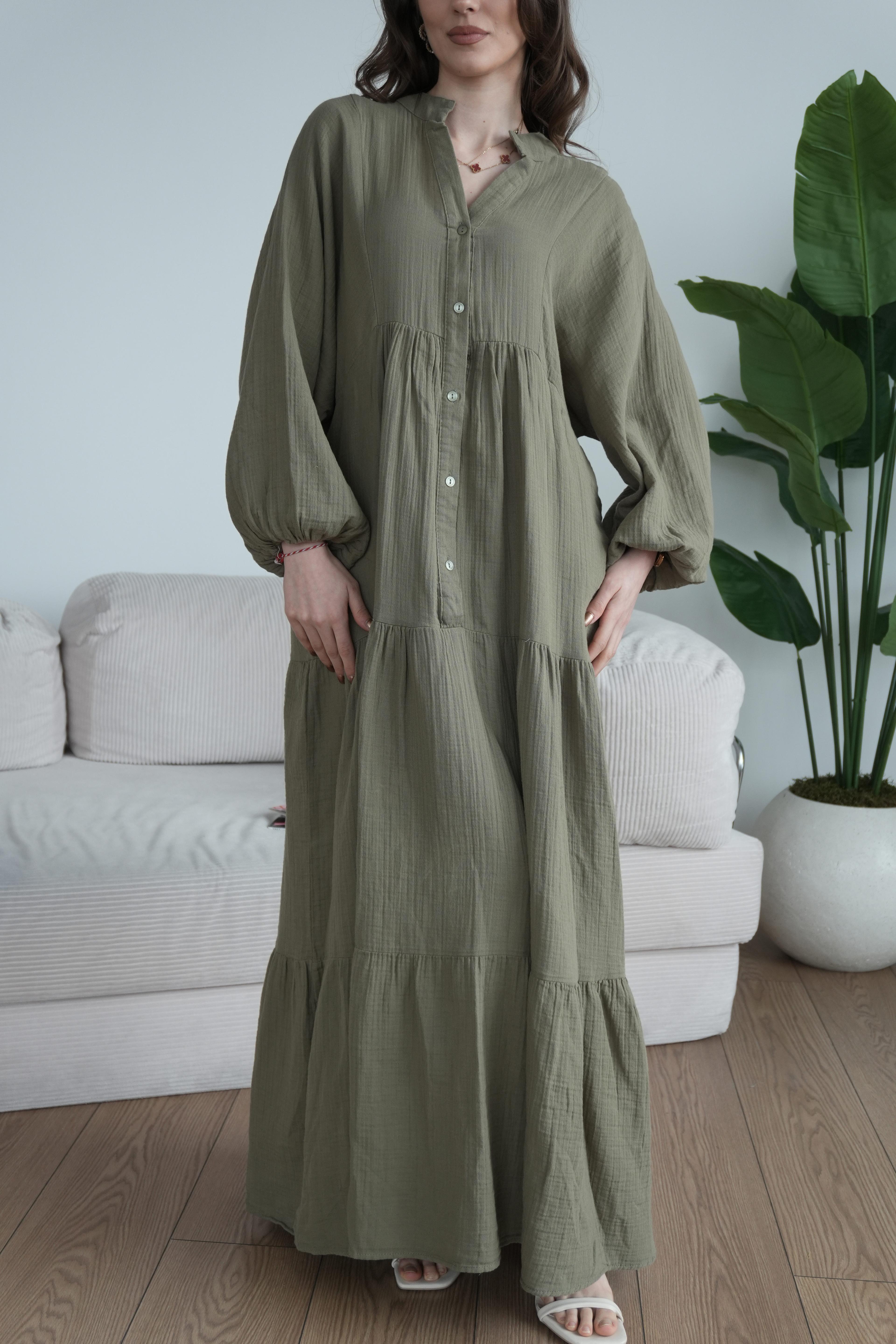Müslin Oversize Uzun Elbise - Yeşil