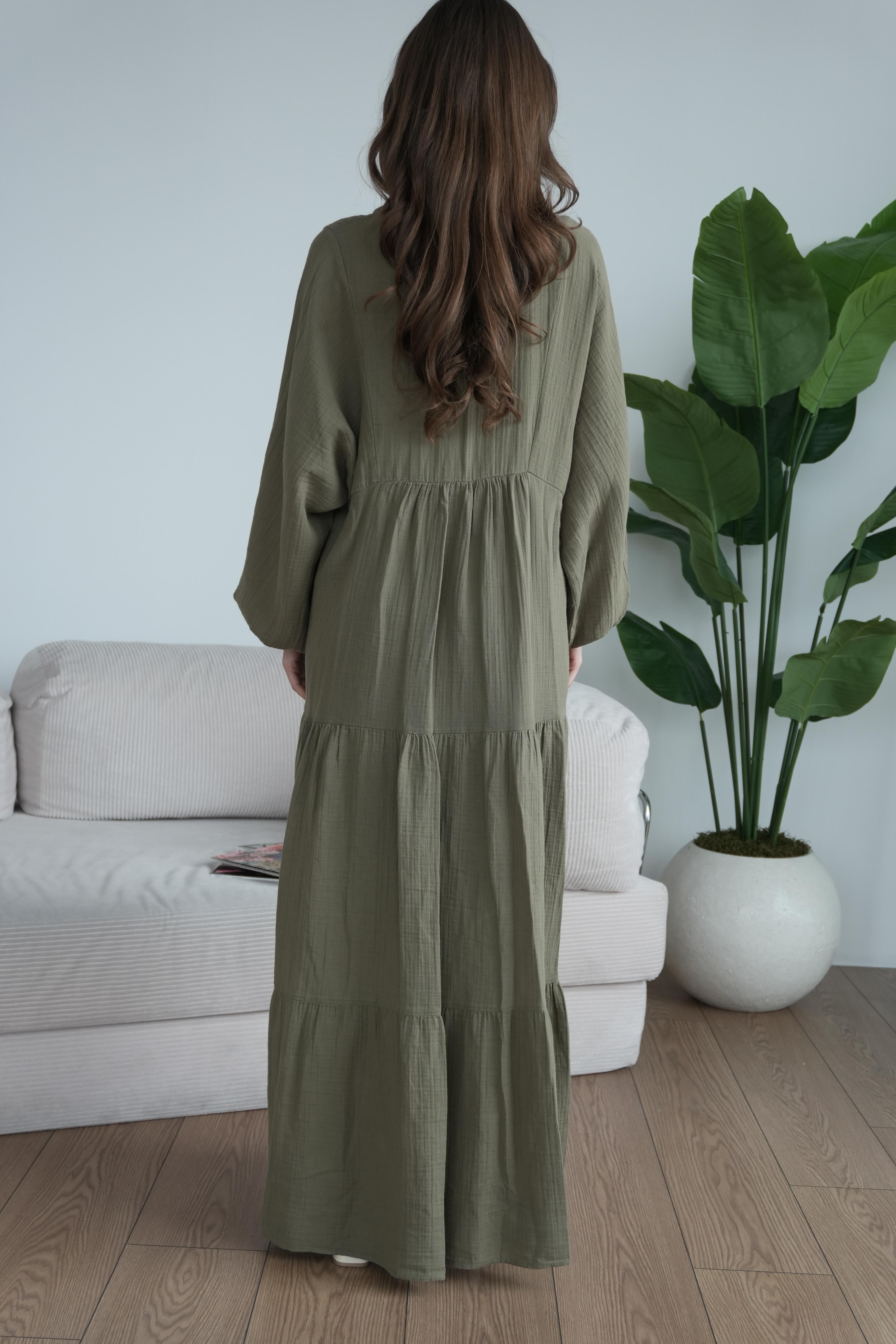 Müslin Oversize Uzun Elbise - Yeşil