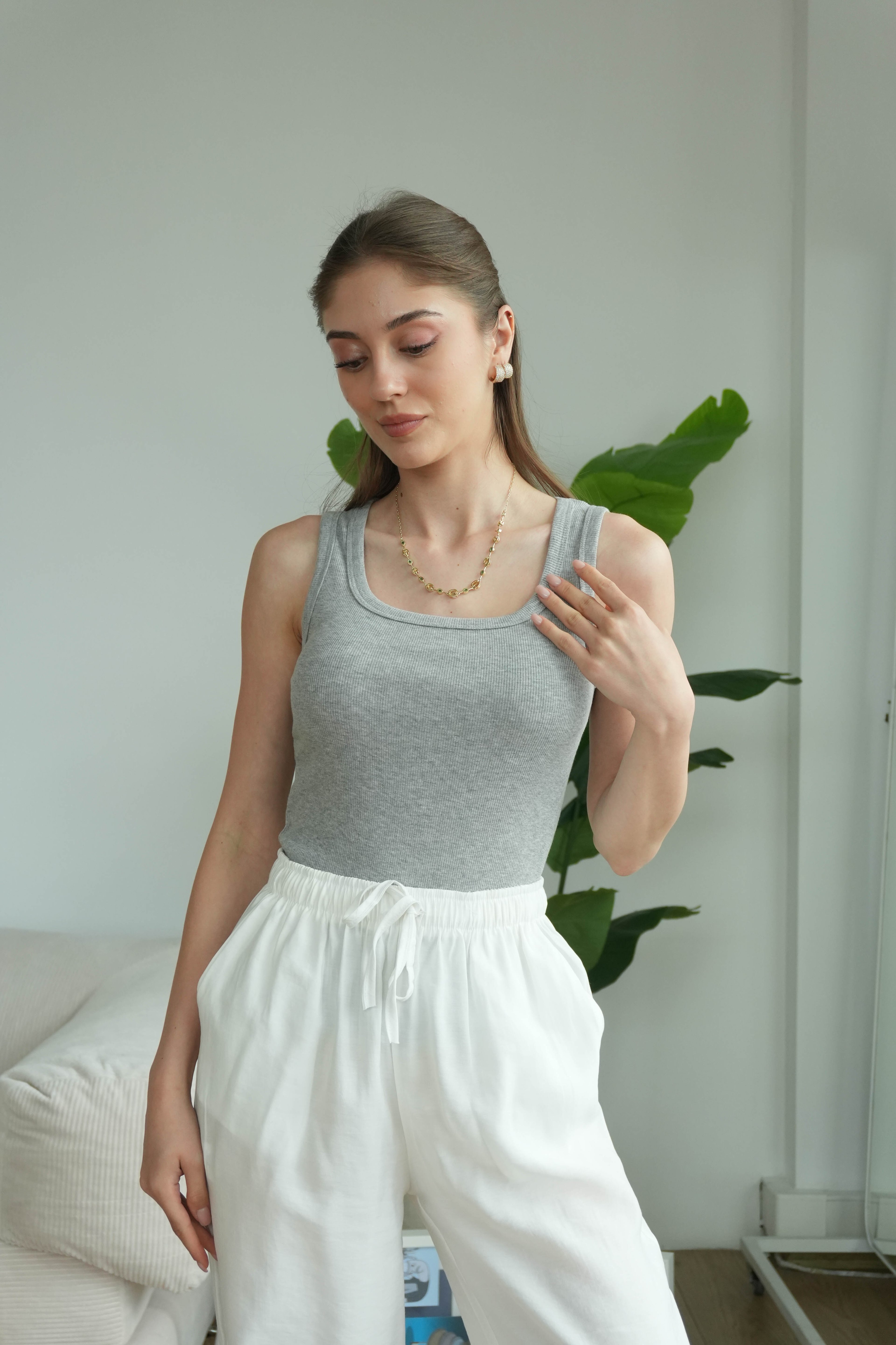 Sienna Kare Yaka Askılı Atlet - Açık Gri