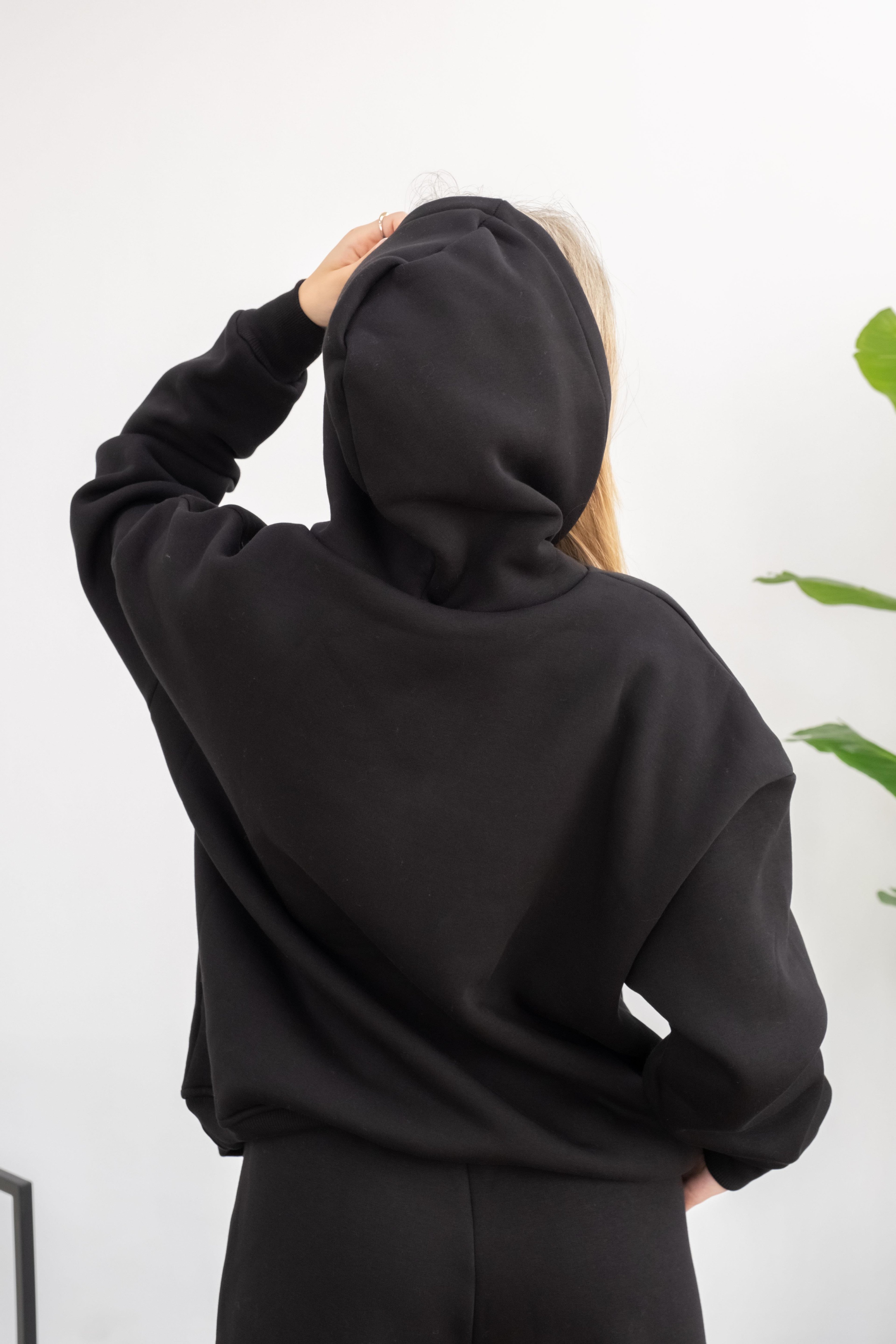 Oversize Unisex Hoodie Eşofman Takımı 3 İplik Şardonlu - Siyah