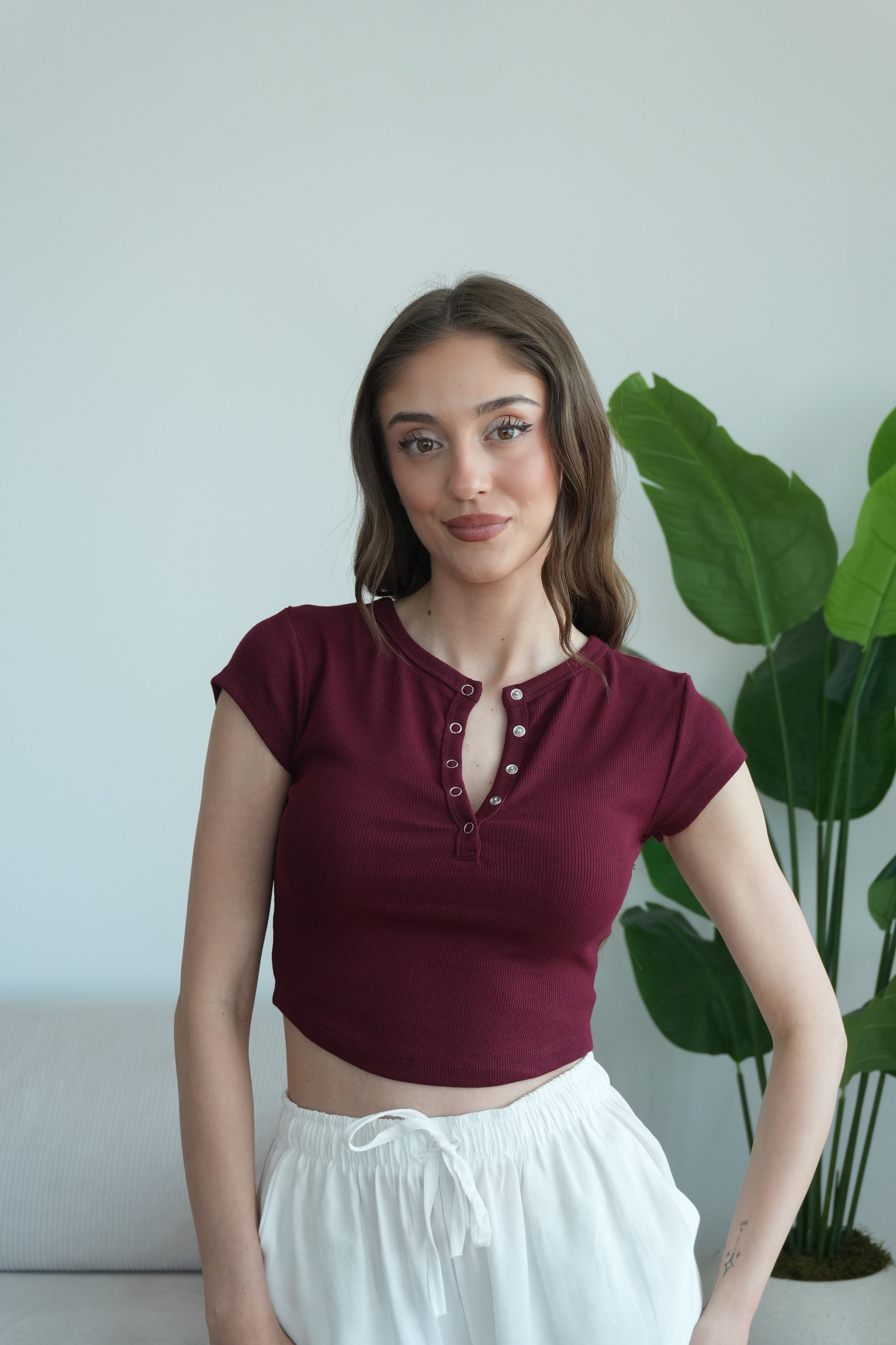 Merly Çıtçıtlı Fitilli Bluz - Bordo