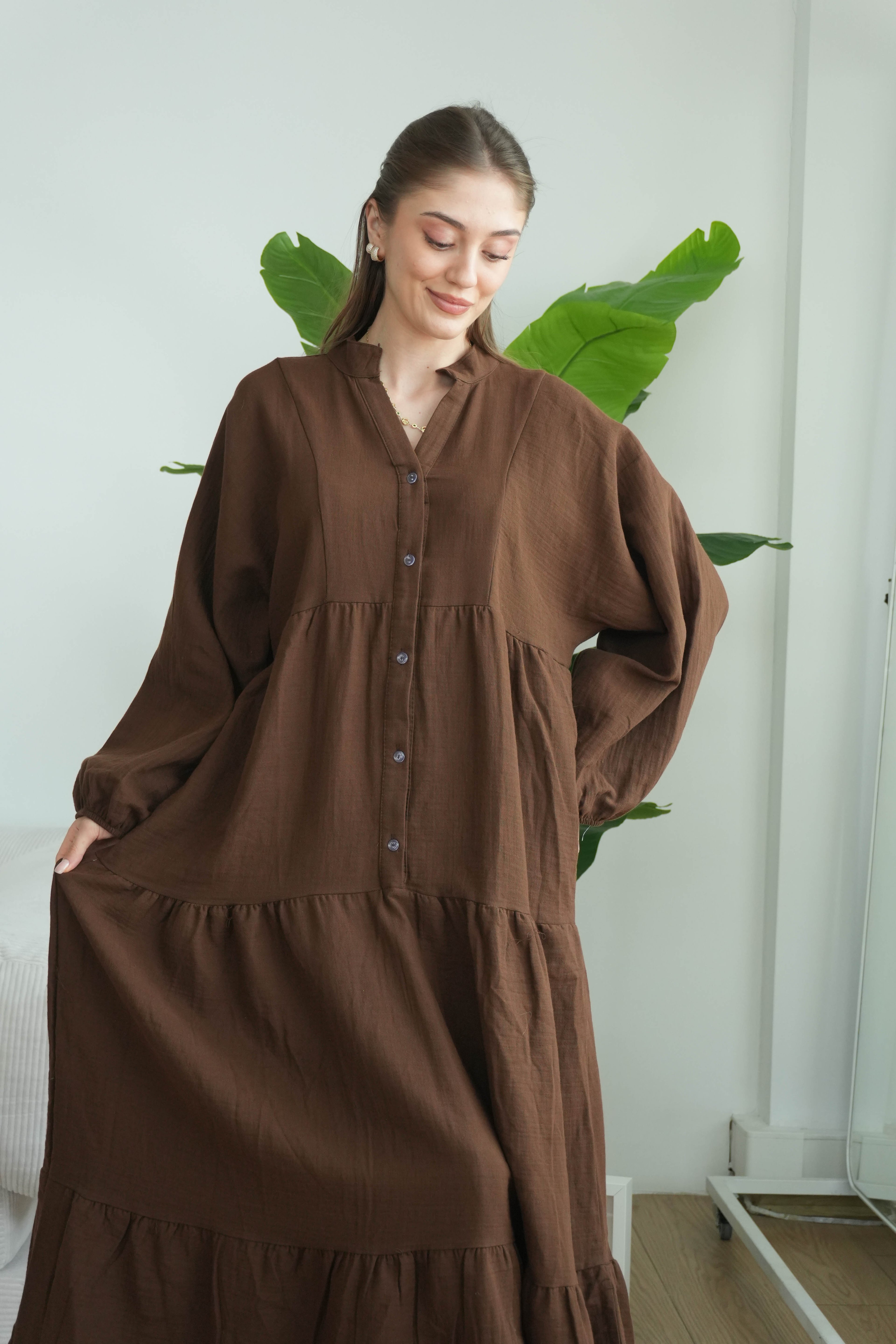 Müslin Oversize Uzun Elbise - Kahverengi
