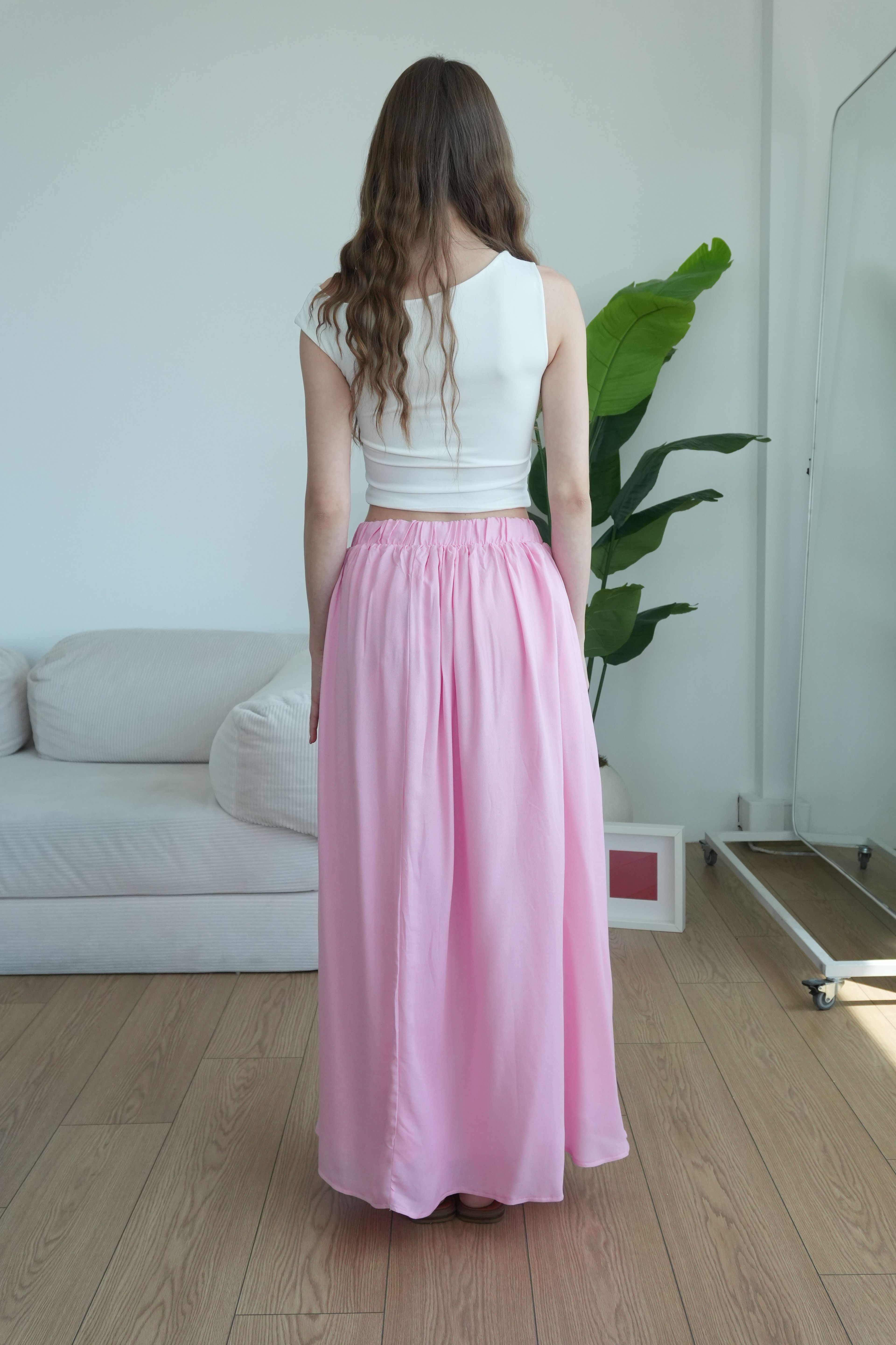 Rose Astarlı Dökümlü Pileli Etek - Pudra Pembe