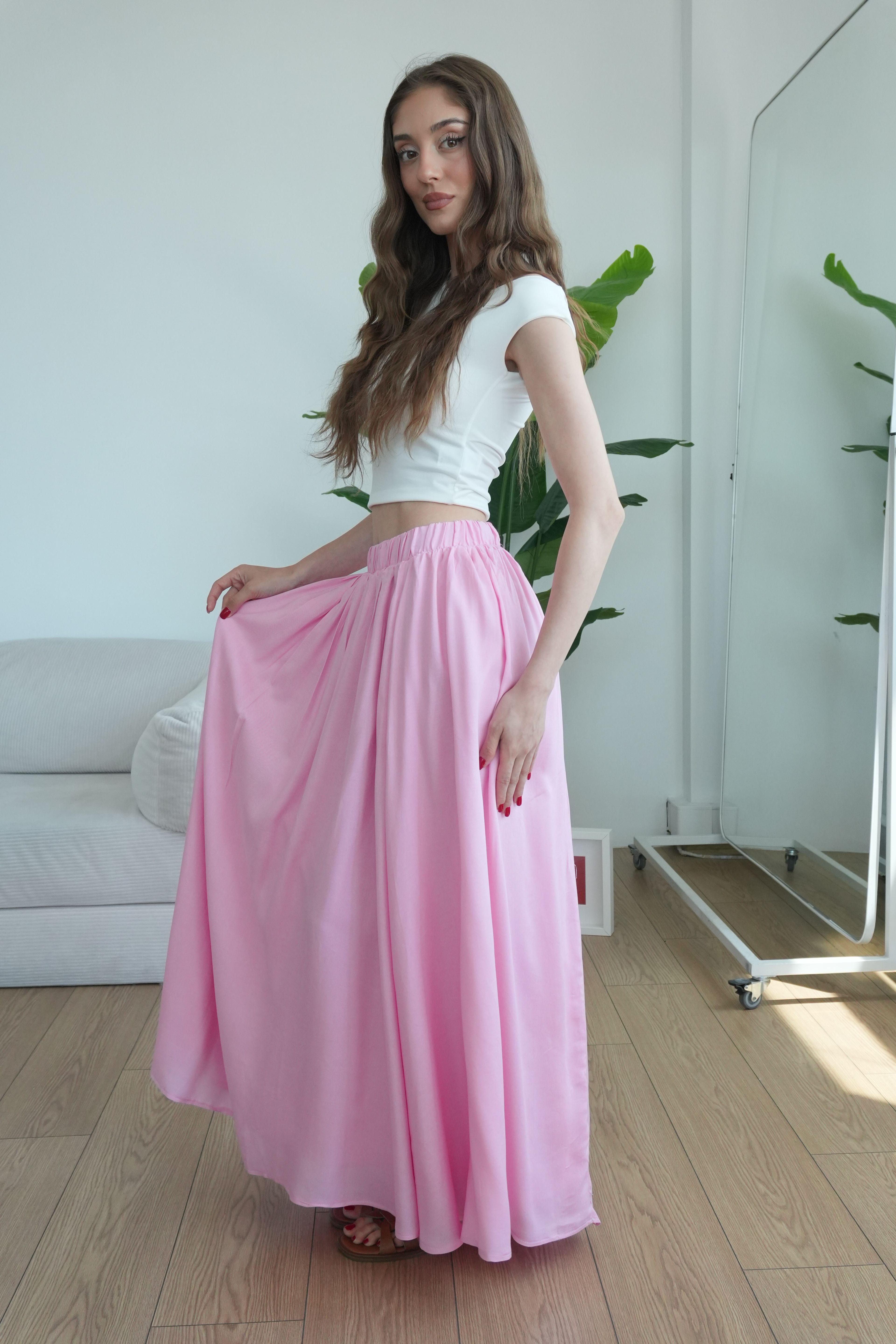 Rose Astarlı Dökümlü Pileli Etek - Pudra Pembe