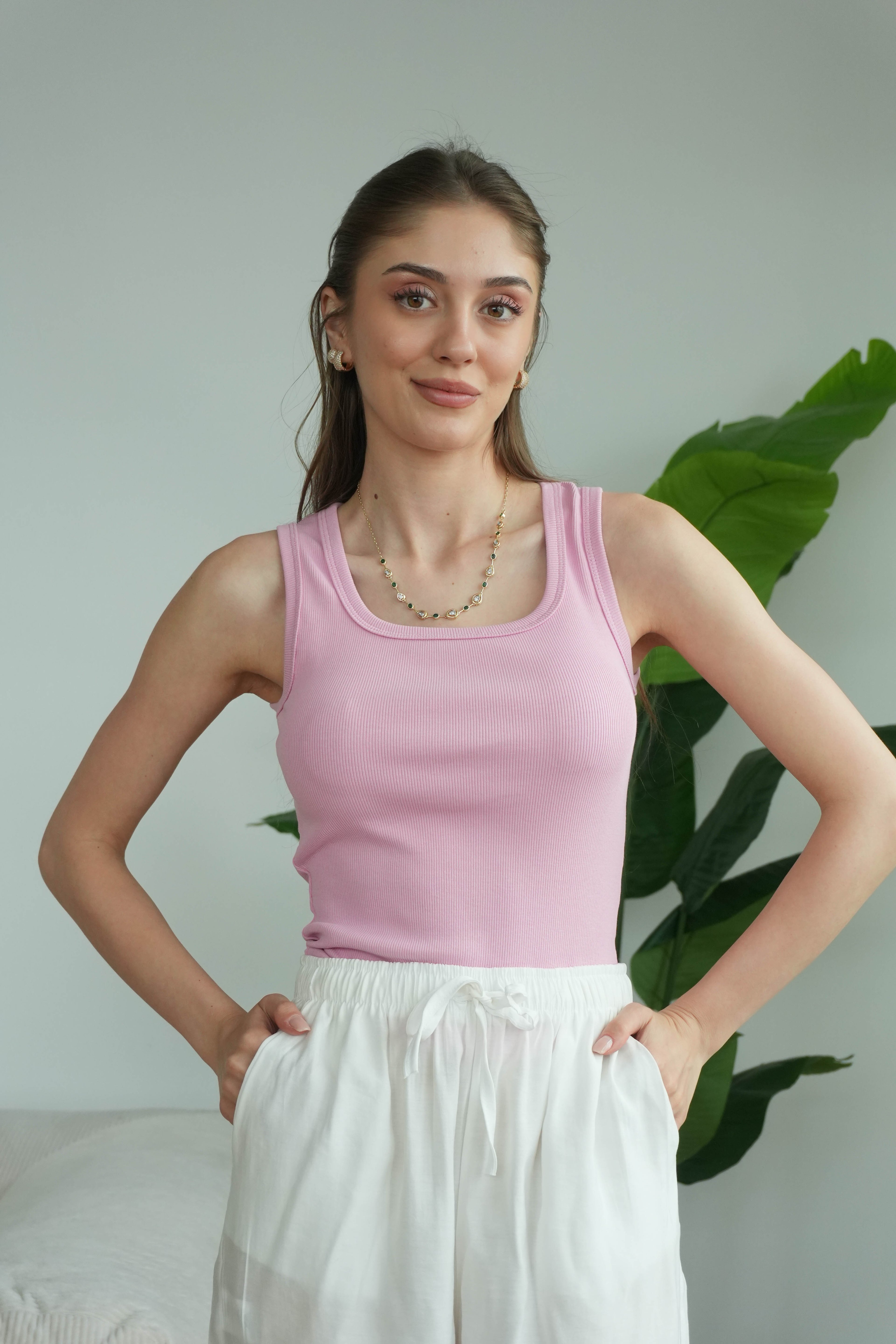 Sienna Kare Yaka Askılı Atlet - Pembe