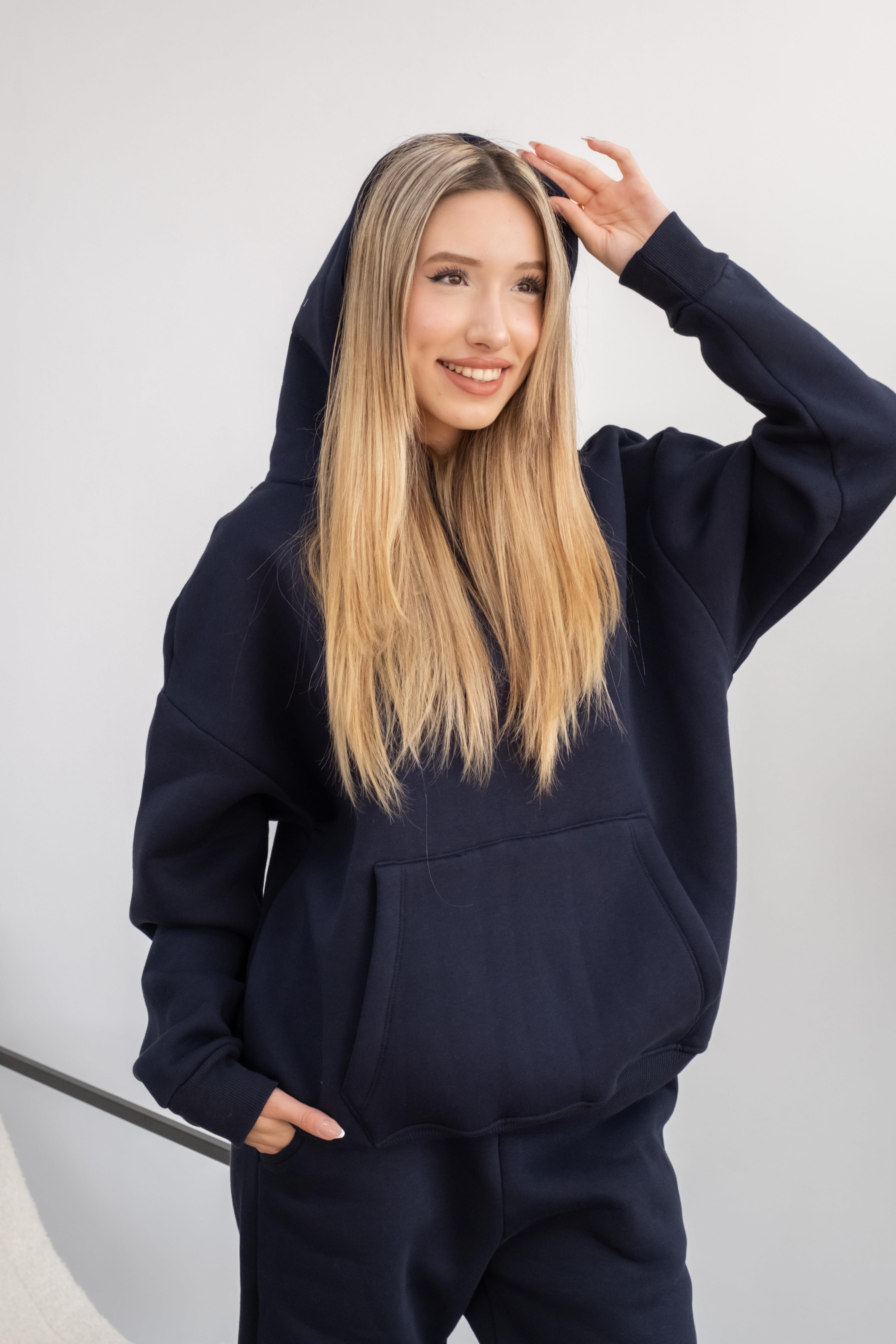 Oversize Unisex Hoodie Eşofman Takımı 3 İplik Şardonlu - Koyu Lacivert