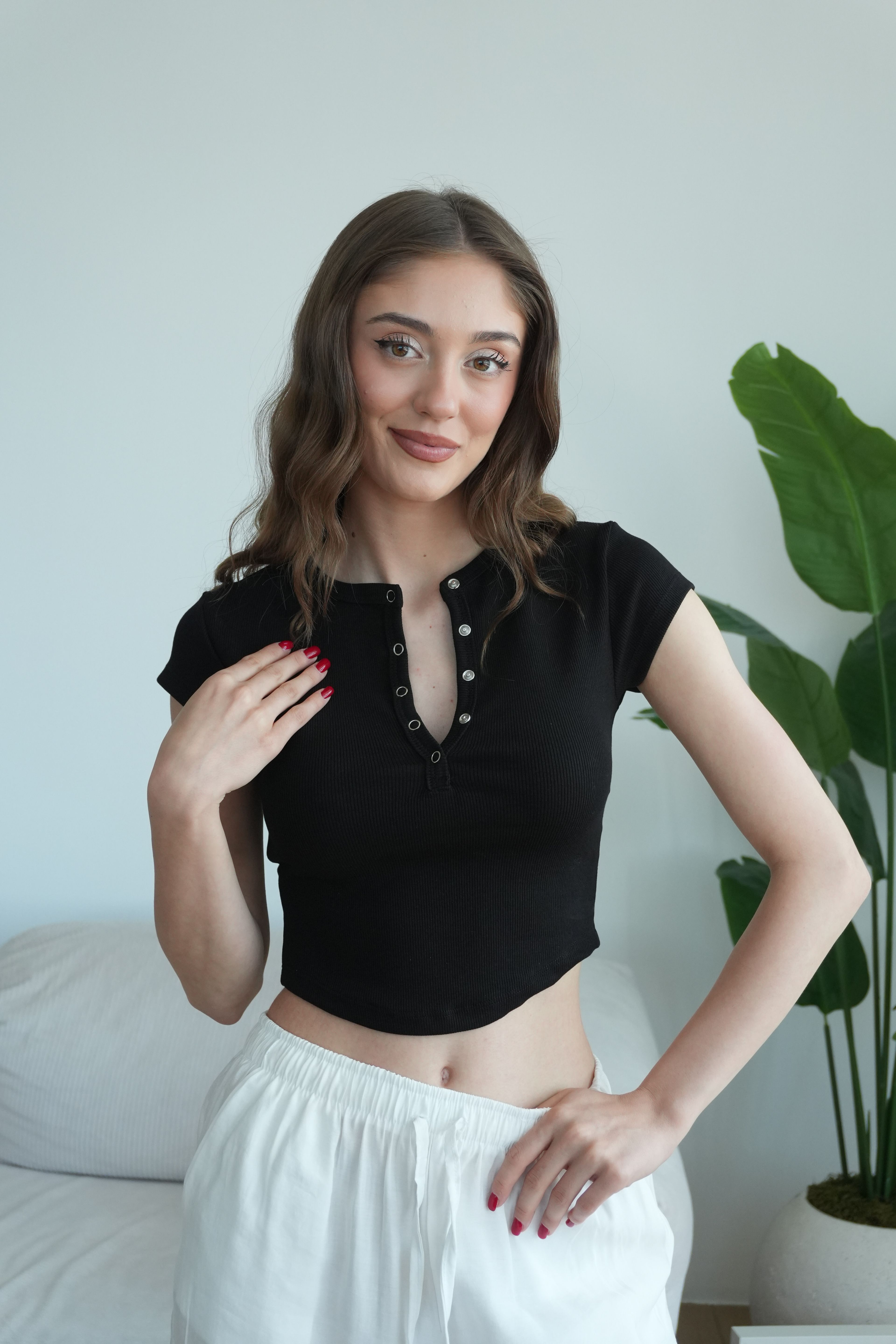 Merly Çıtçıtlı Fitilli Bluz - Siyah