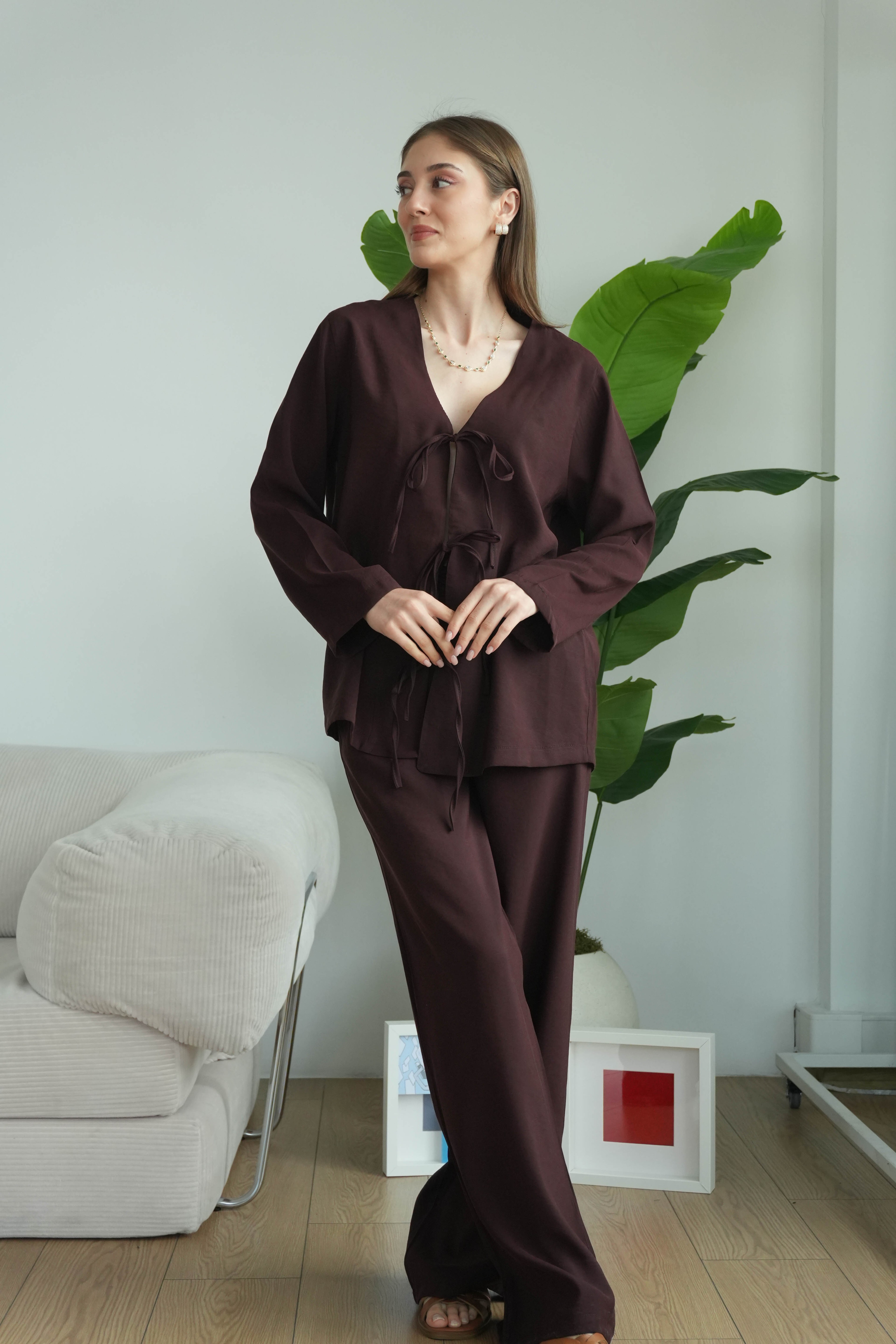 Lady Önü Bağcıklı Kimonolu Tensel Takım - Kahverengi