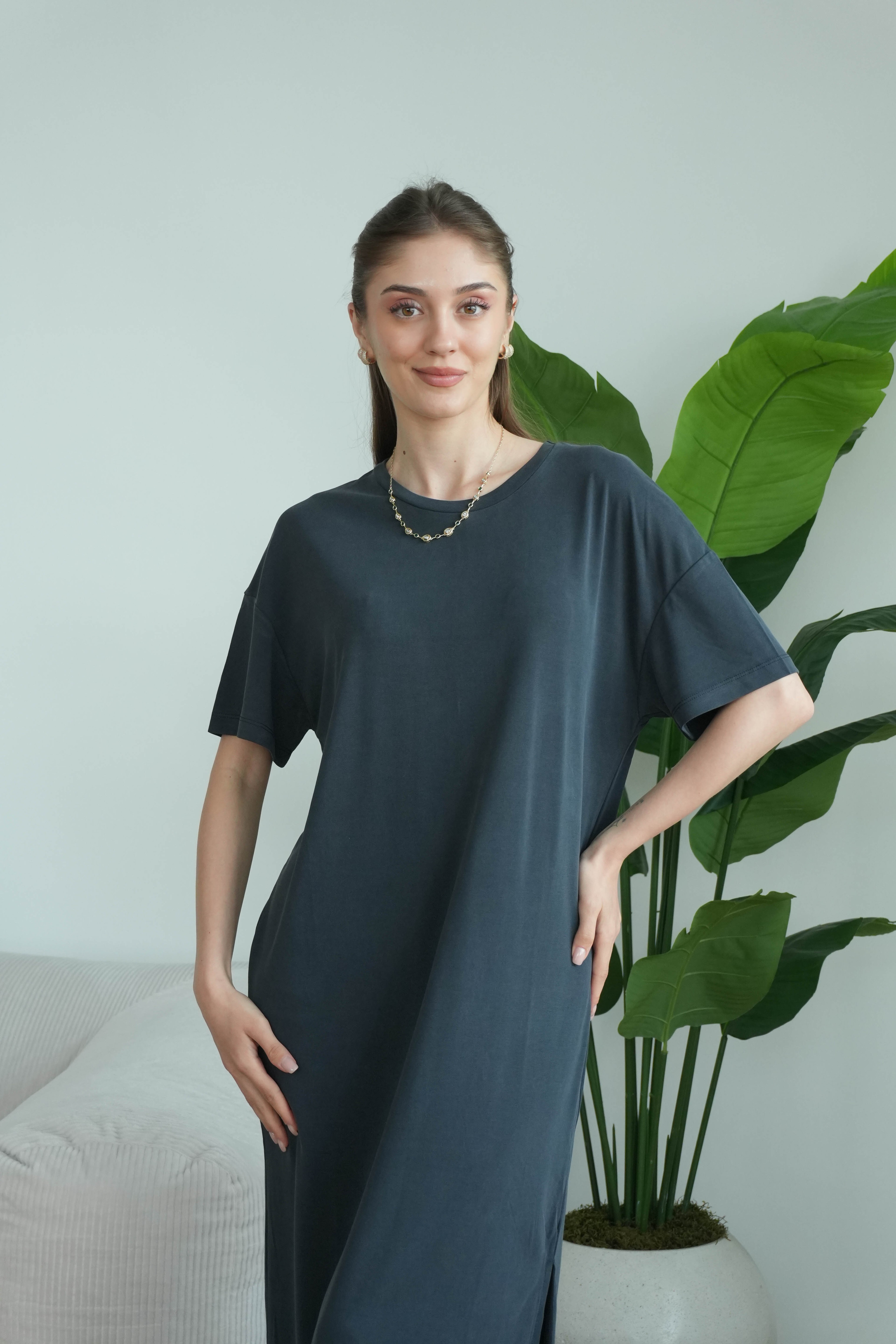 Modal Yırtmaçlı Günlük Elbise - Füme