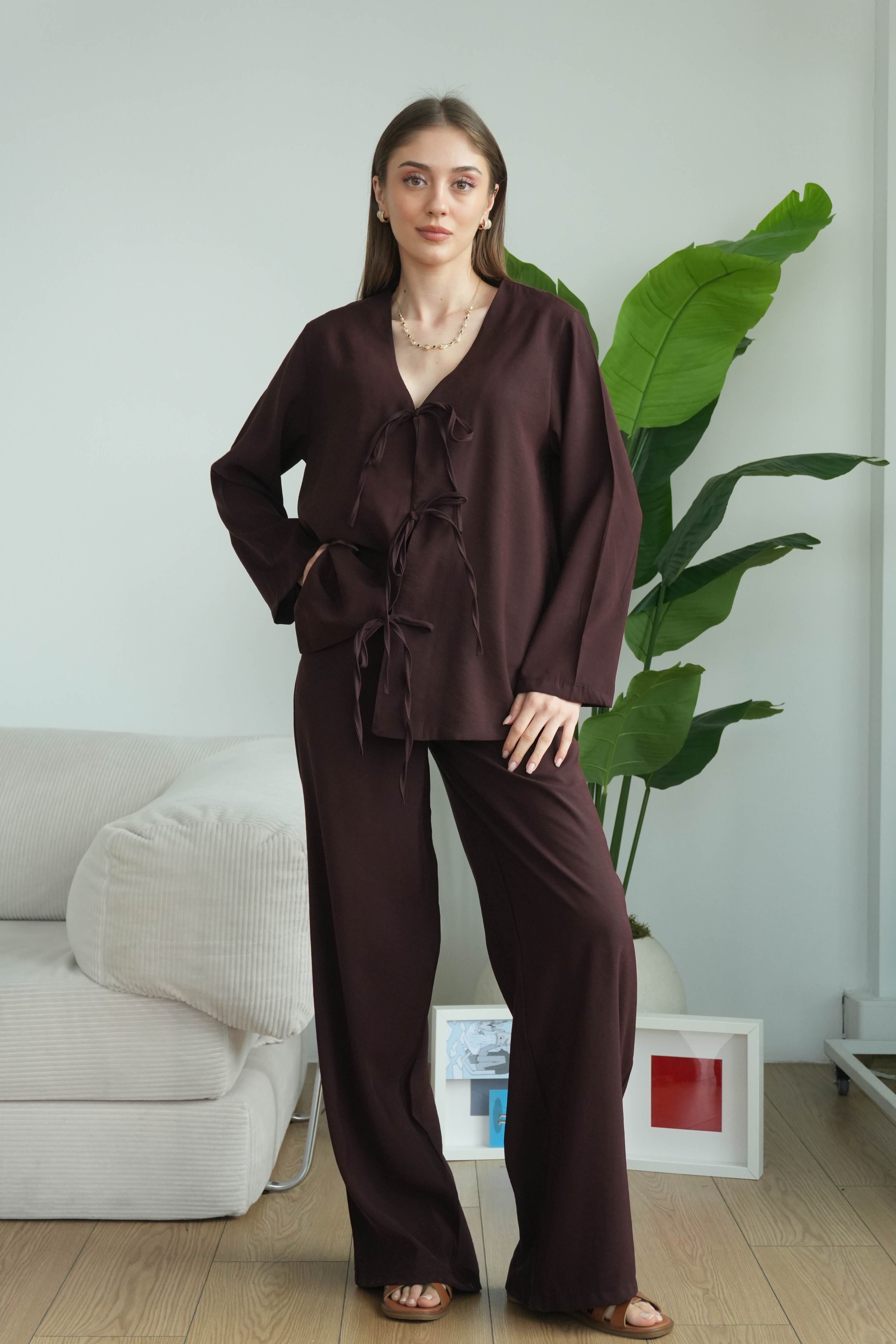 Lady Önü Bağcıklı Kimonolu Tensel Takım - Kahverengi