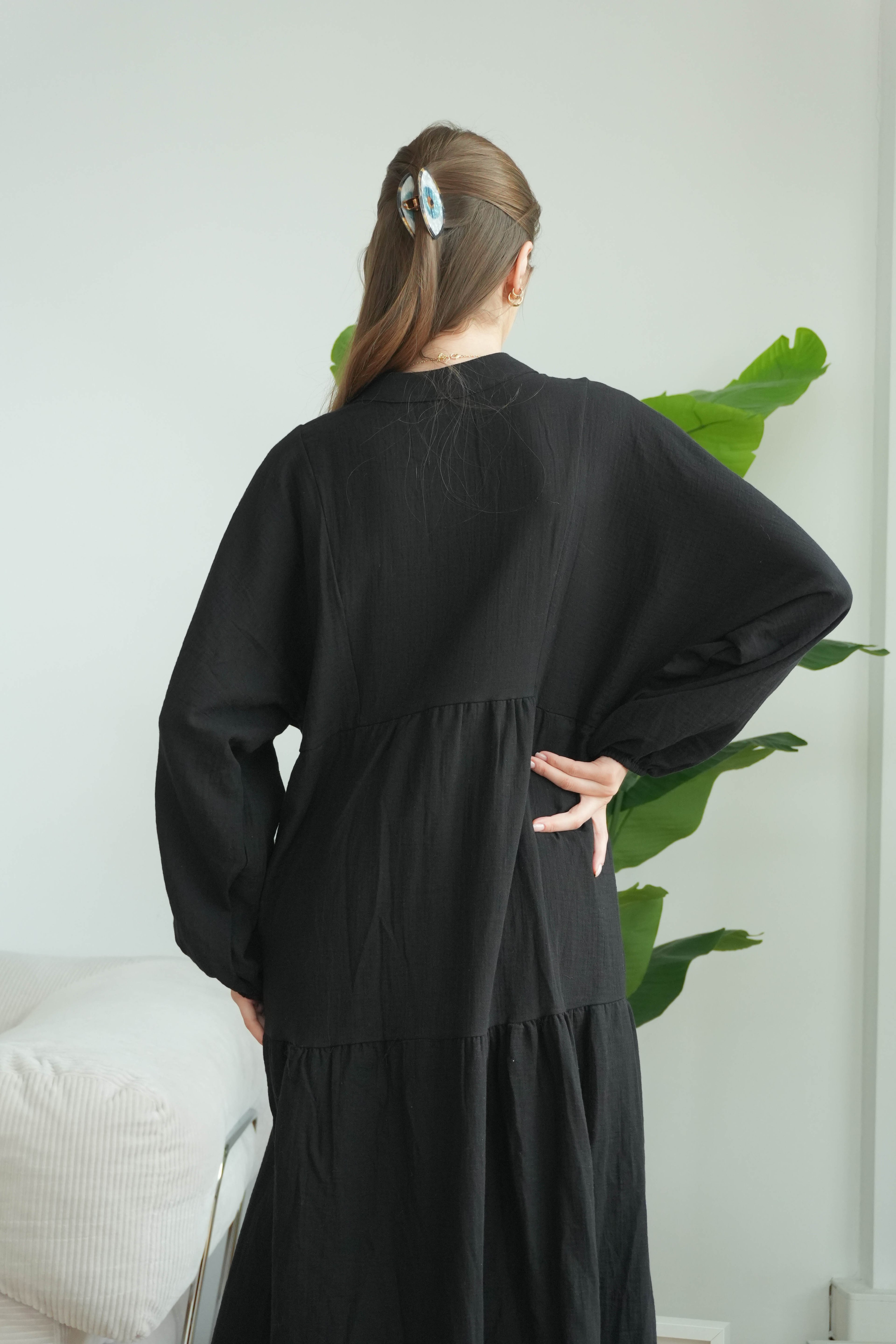 Müslin Oversize Uzun Elbise - Siyah