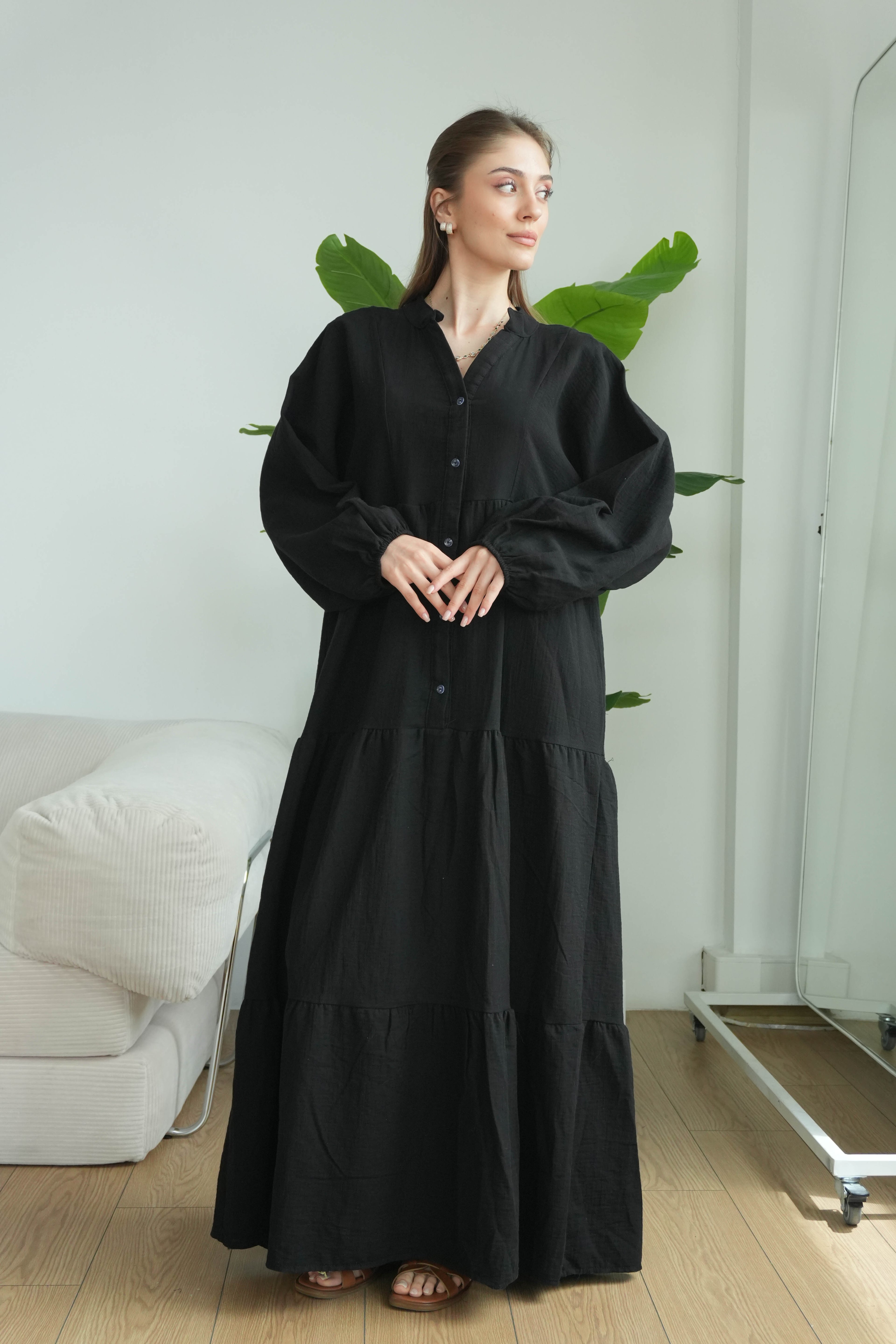 Müslin Oversize Uzun Elbise - Siyah
