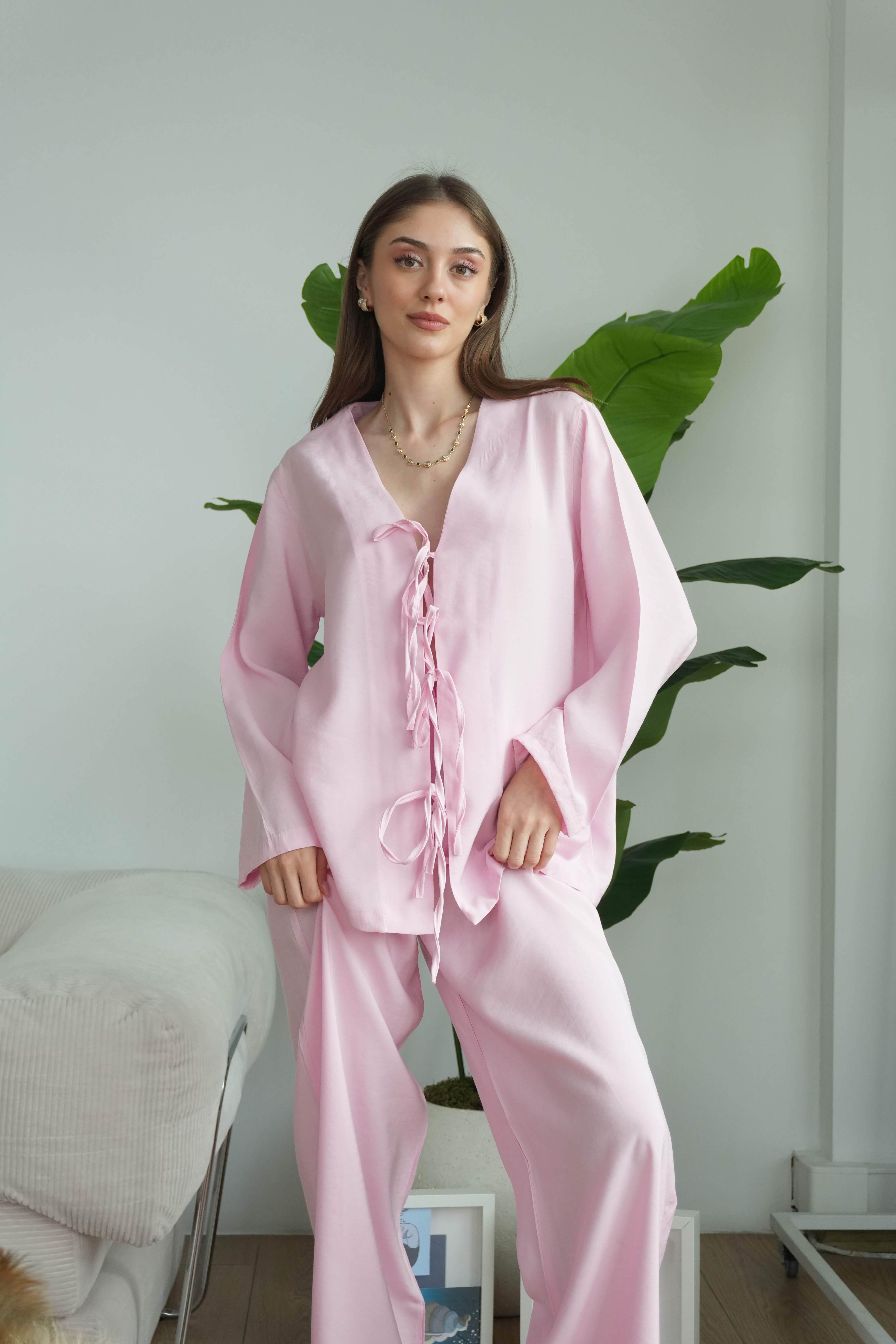 Lady Önü Bağcıklı Kimonolu Tensel Takım - Pudra Pembe