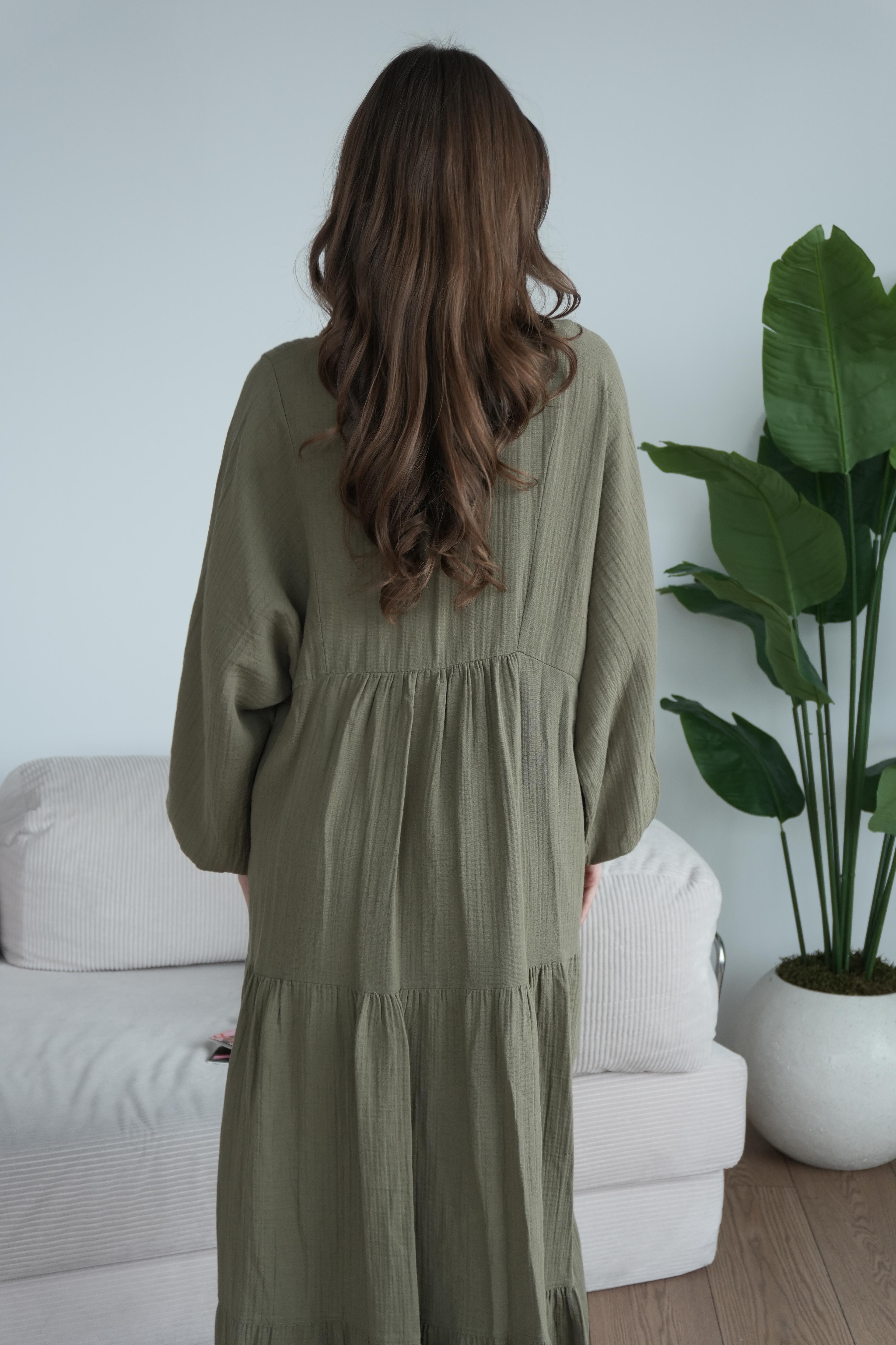 Müslin Oversize Uzun Elbise - Yeşil