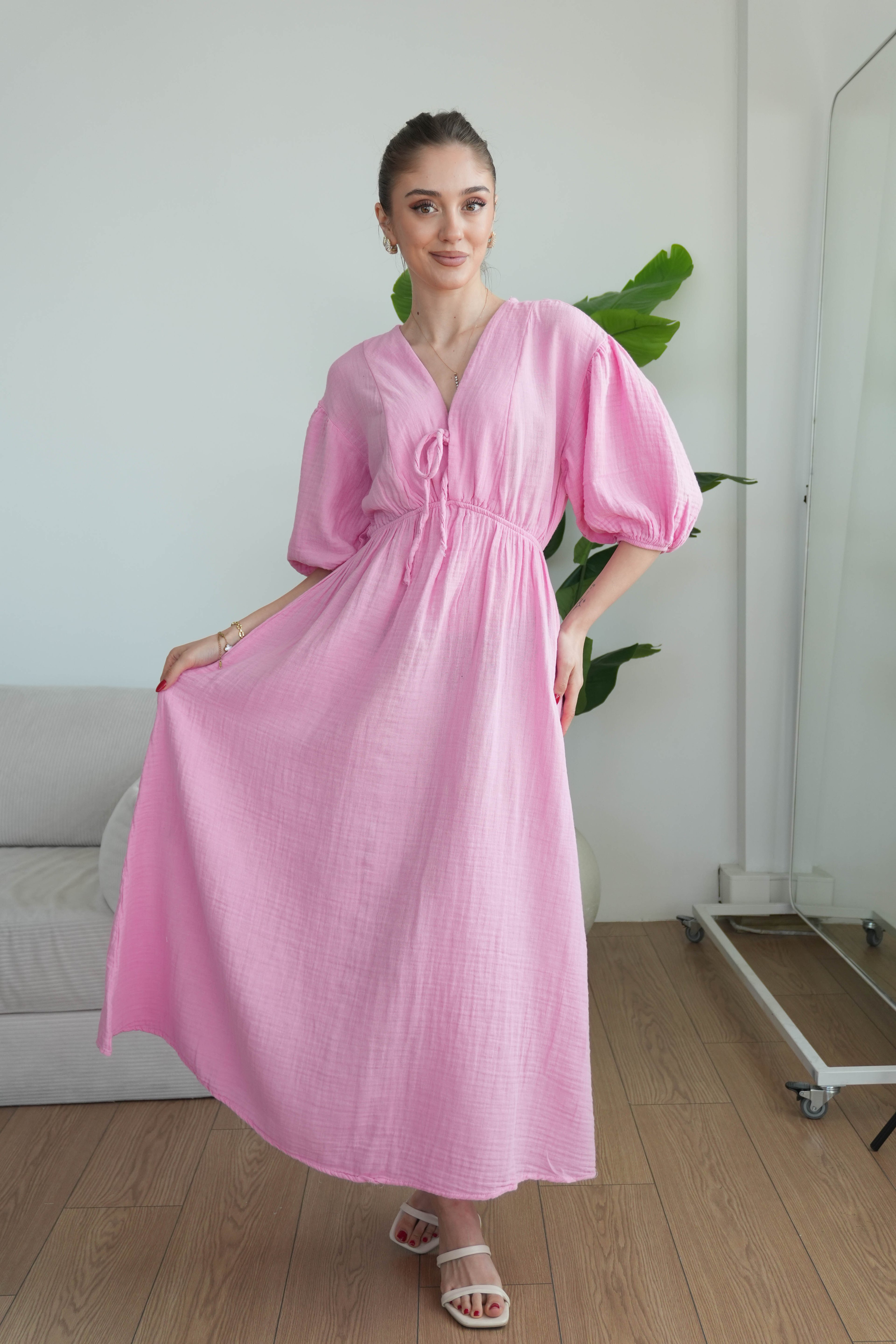 Elaris Pamuklu Müslin Elbise  - Pembe