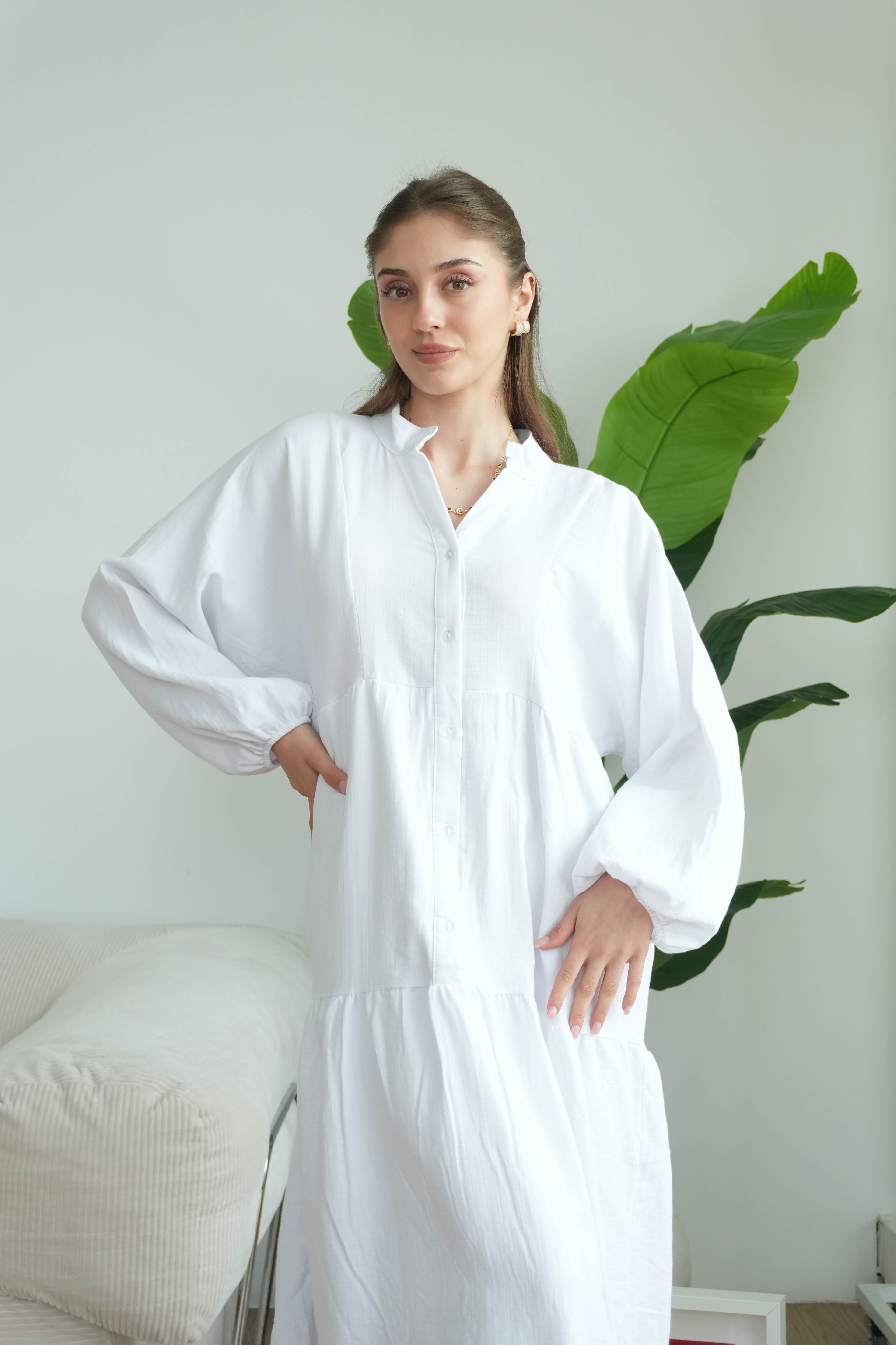 Müslin Oversize Uzun Elbise - Beyaz