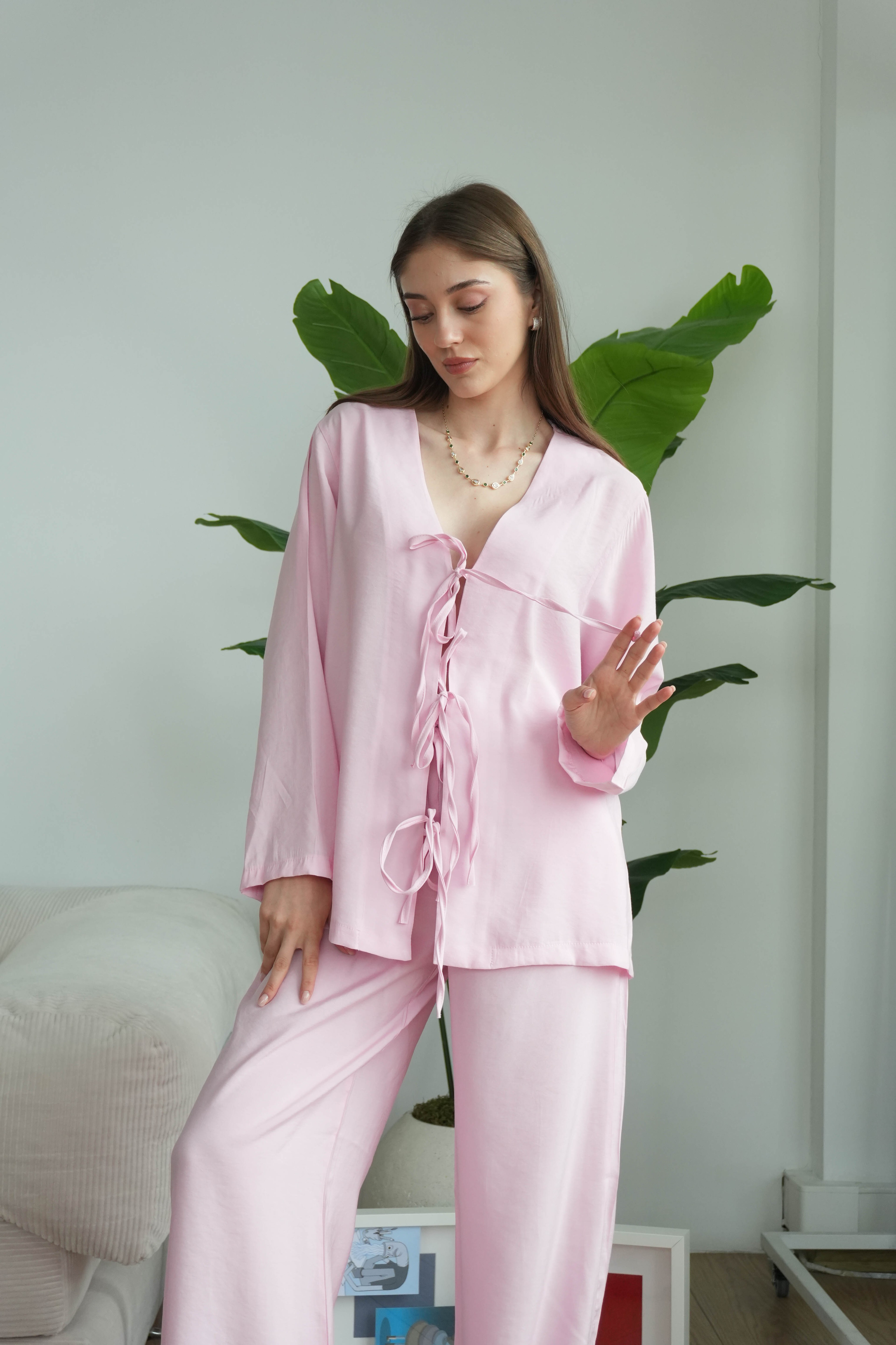 Lady Önü Bağcıklı Kimonolu Tensel Takım - Pudra Pembe