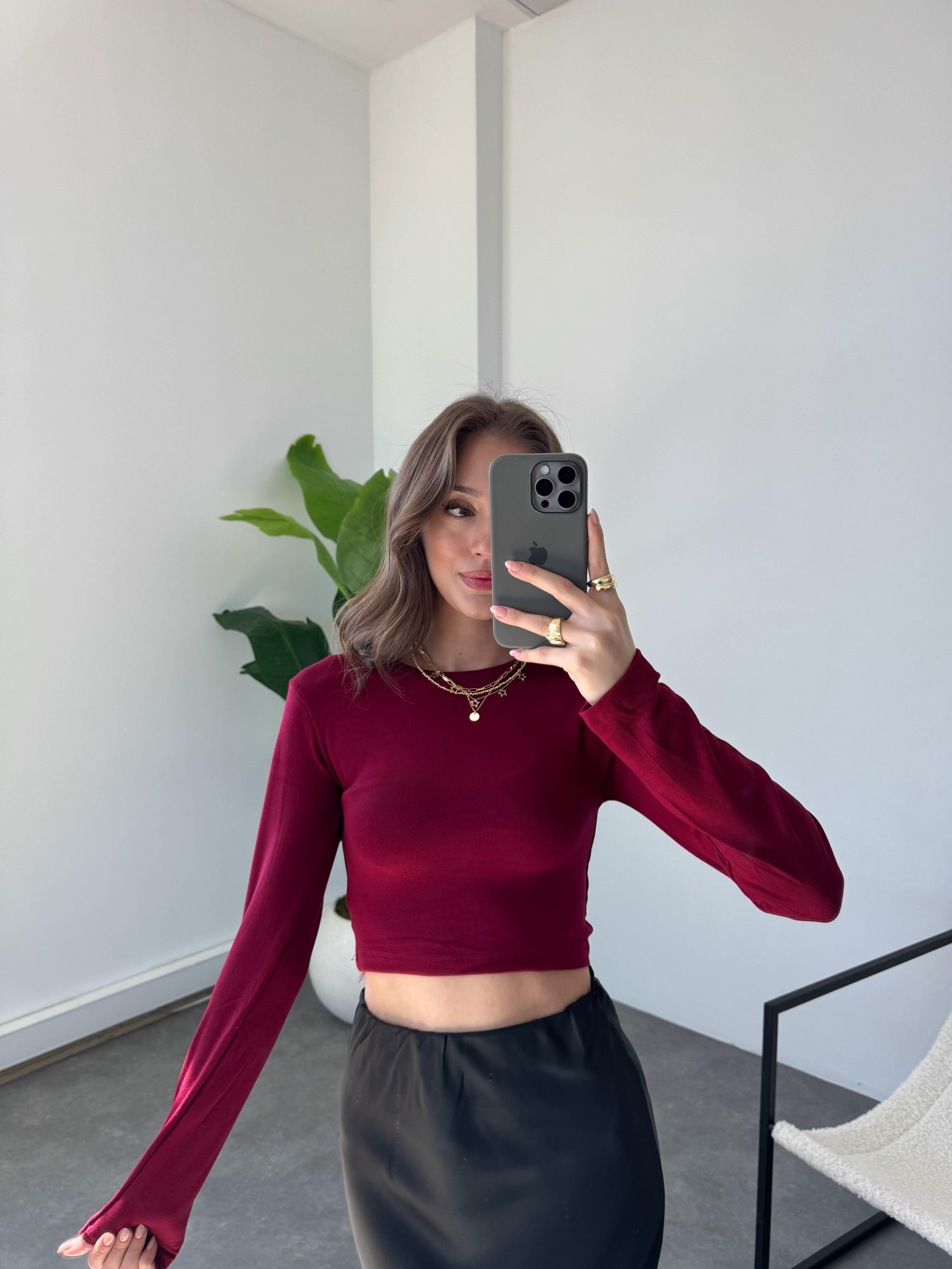 Oysh Bisiklet Yaka Crop - Bordo