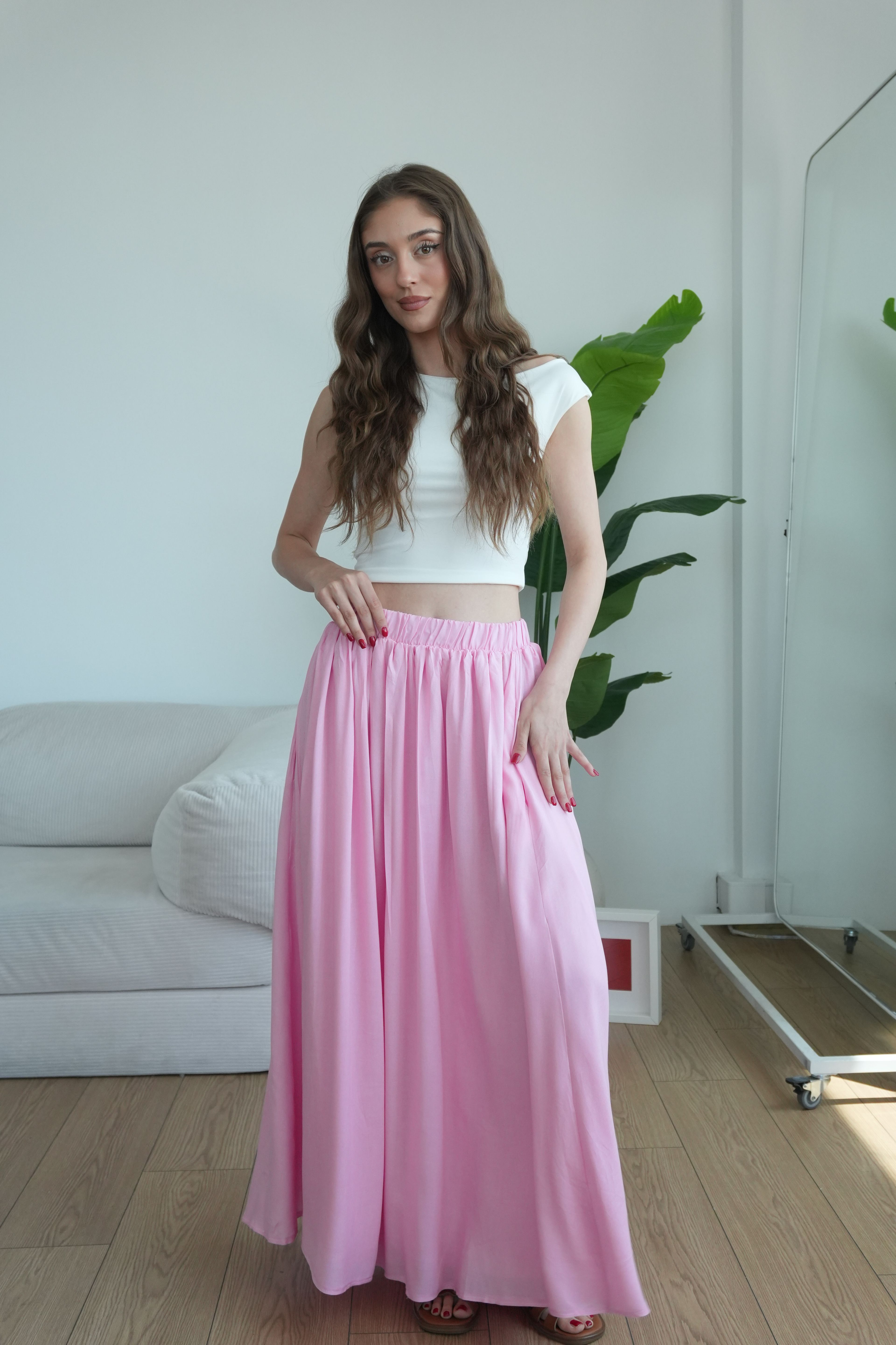 Rose Astarlı Dökümlü Pileli Etek - Pudra Pembe