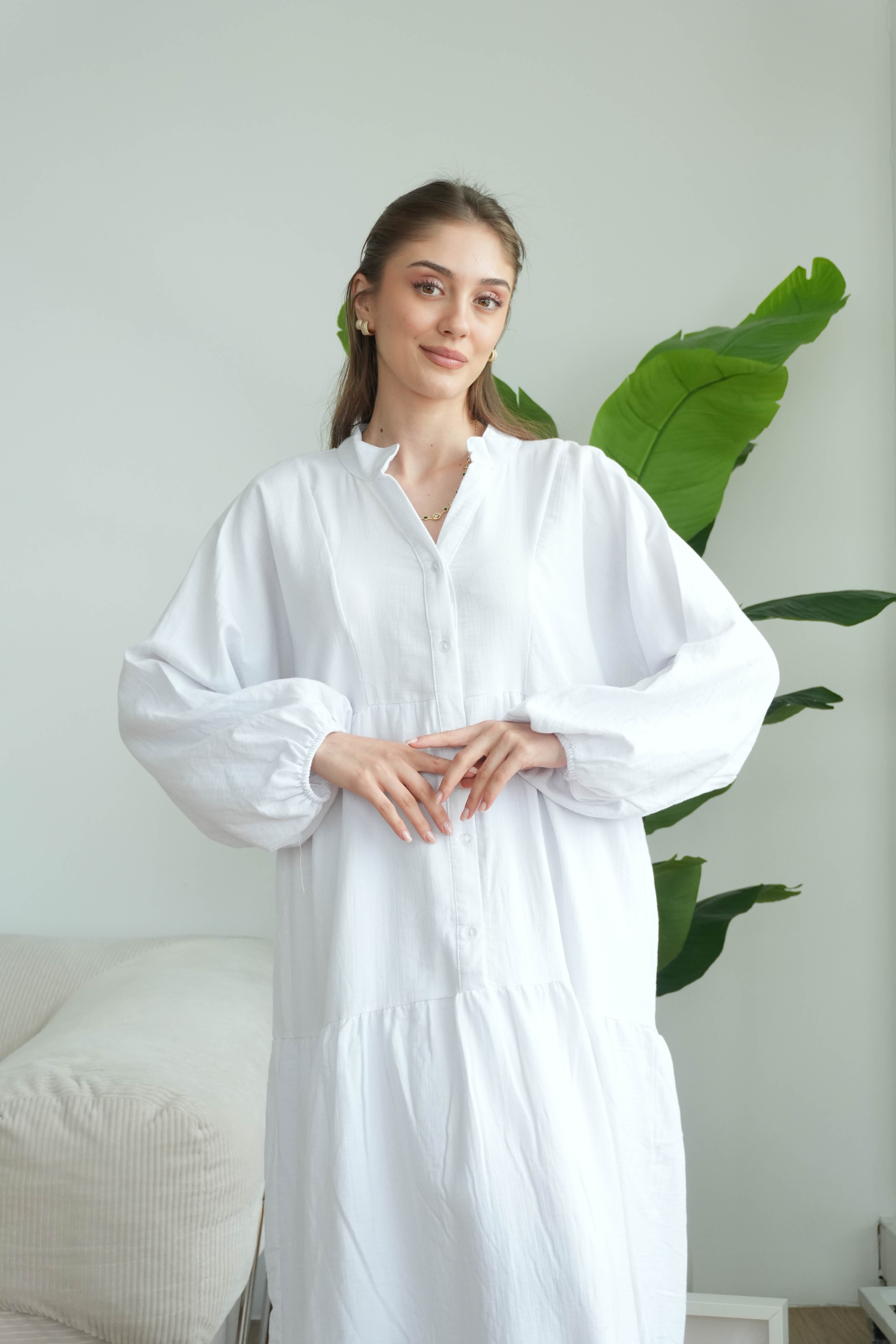 Müslin Oversize Uzun Elbise - Beyaz