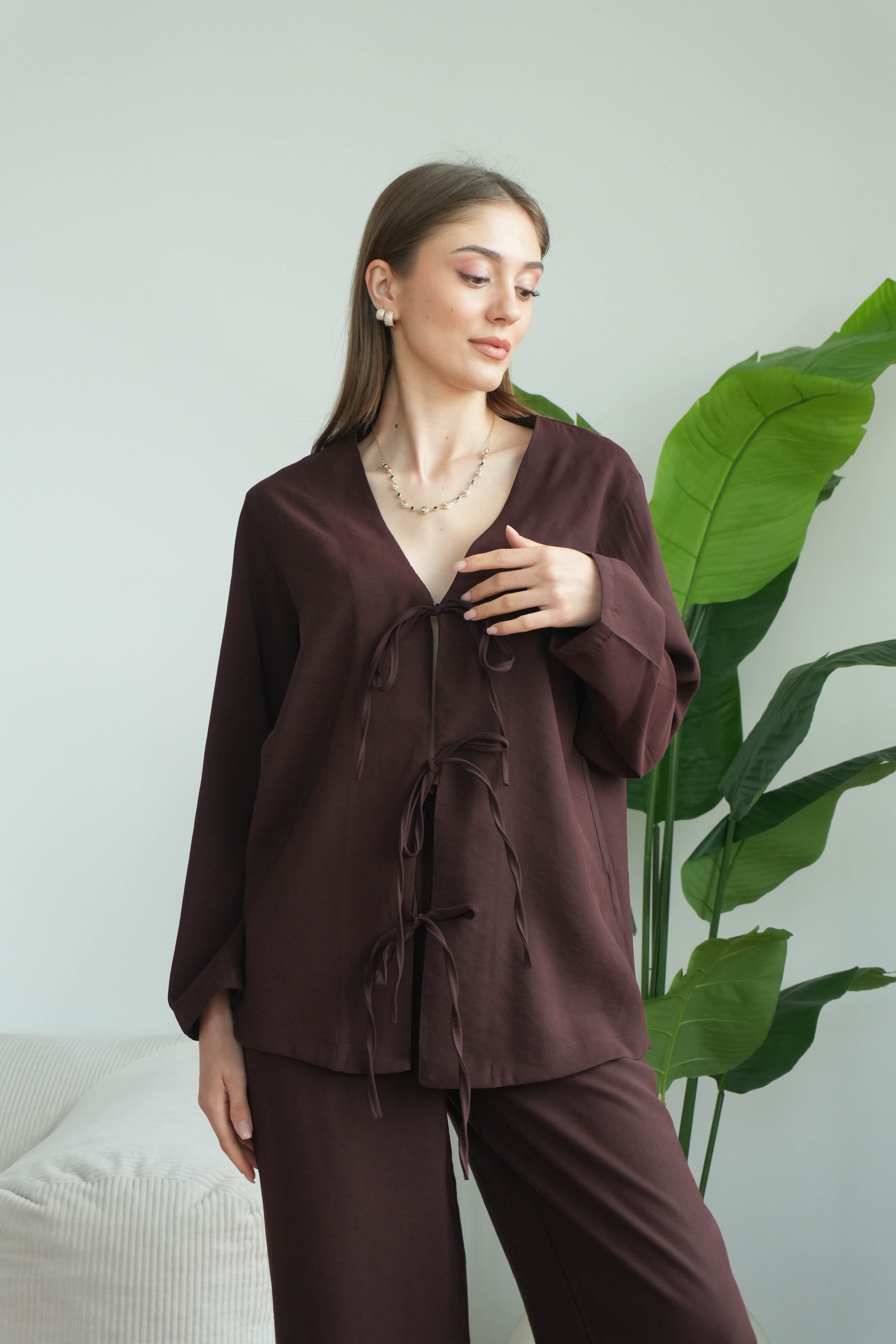 Lady Önü Bağcıklı Kimonolu Tensel Takım - Kahverengi