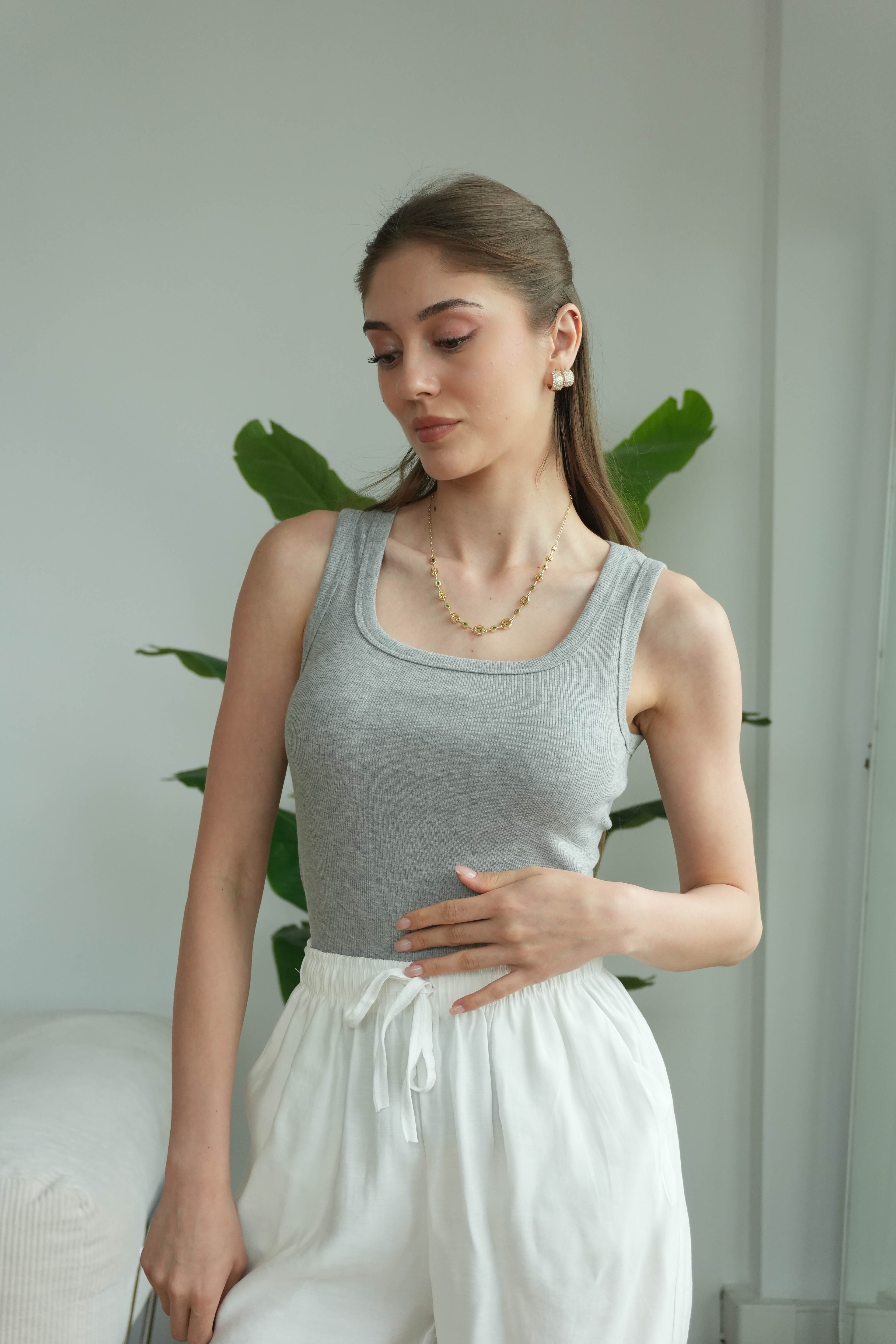 Sienna Kare Yaka Askılı Atlet - Açık Gri