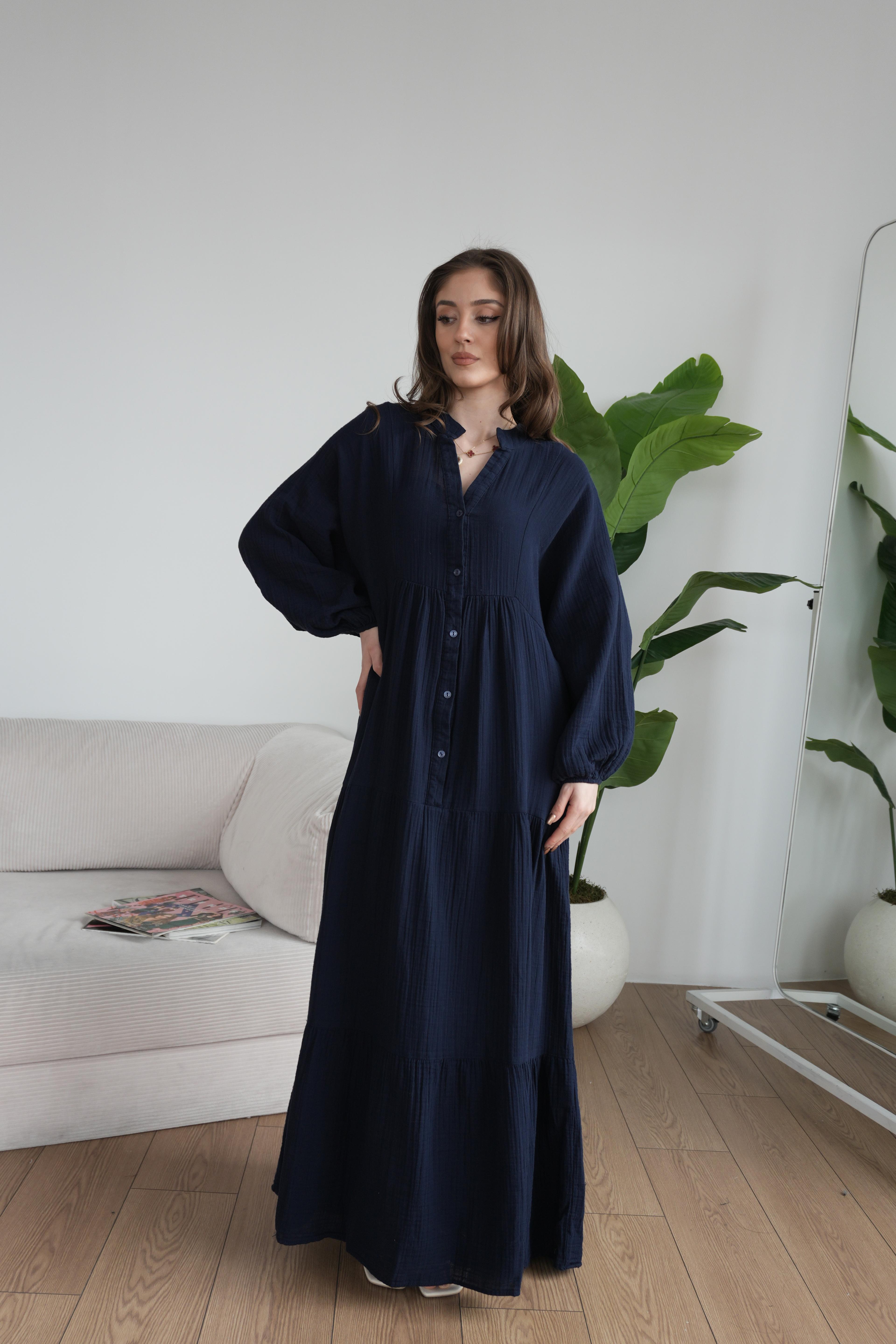 Müslin Oversize Uzun Elbise - Lacivert