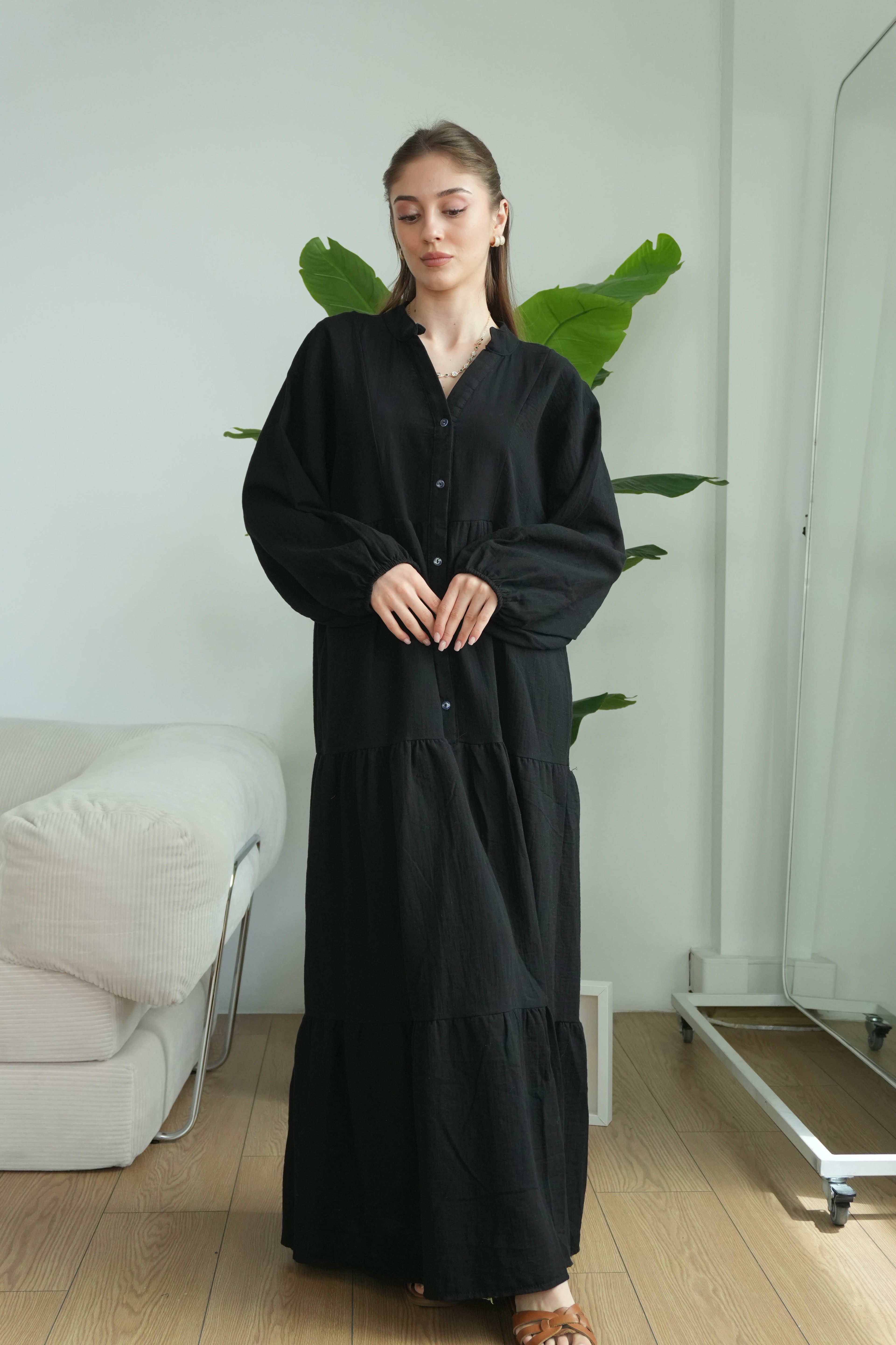 Müslin Oversize Uzun Elbise - Siyah