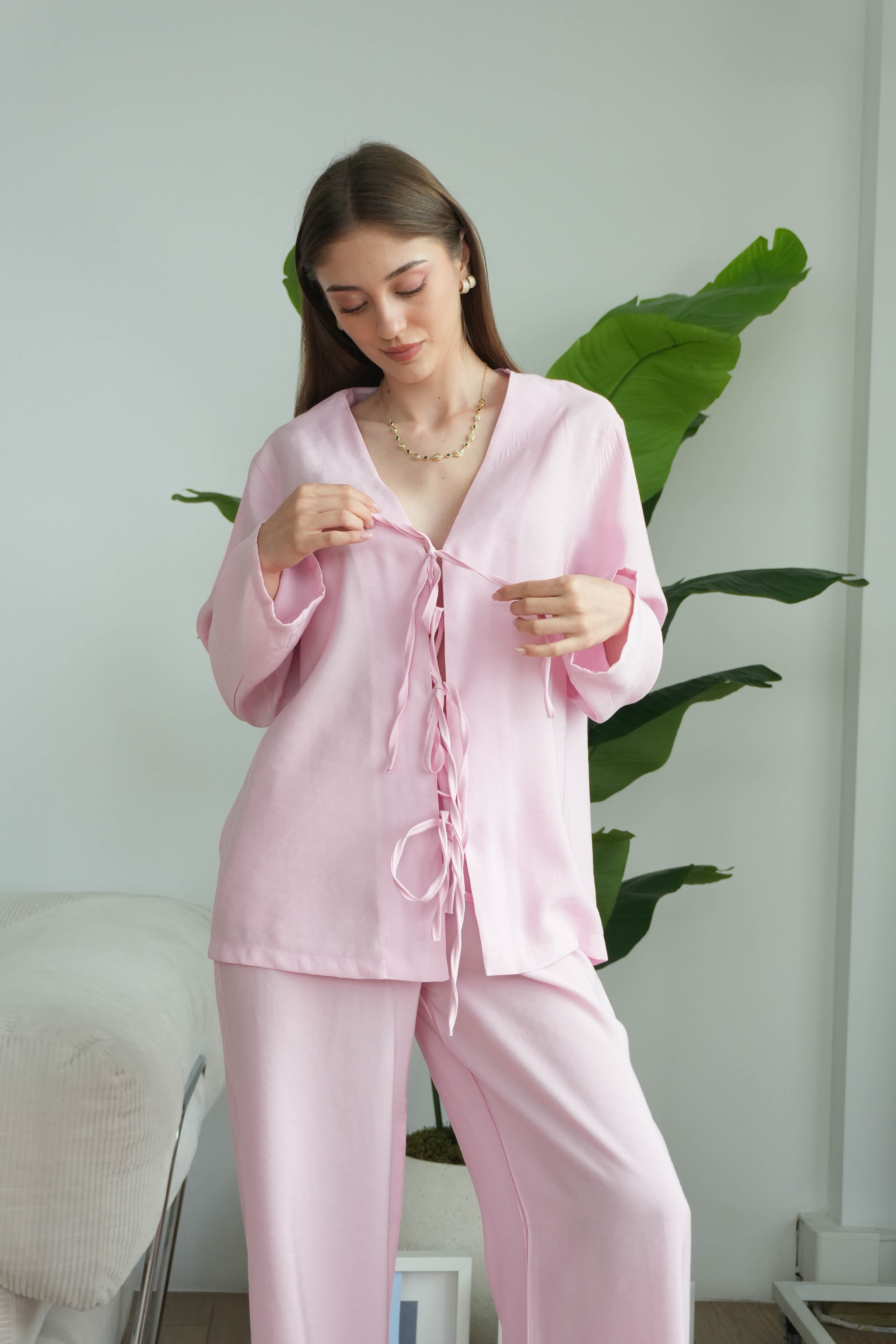 Lady Önü Bağcıklı Kimonolu Tensel Takım - Pudra Pembe