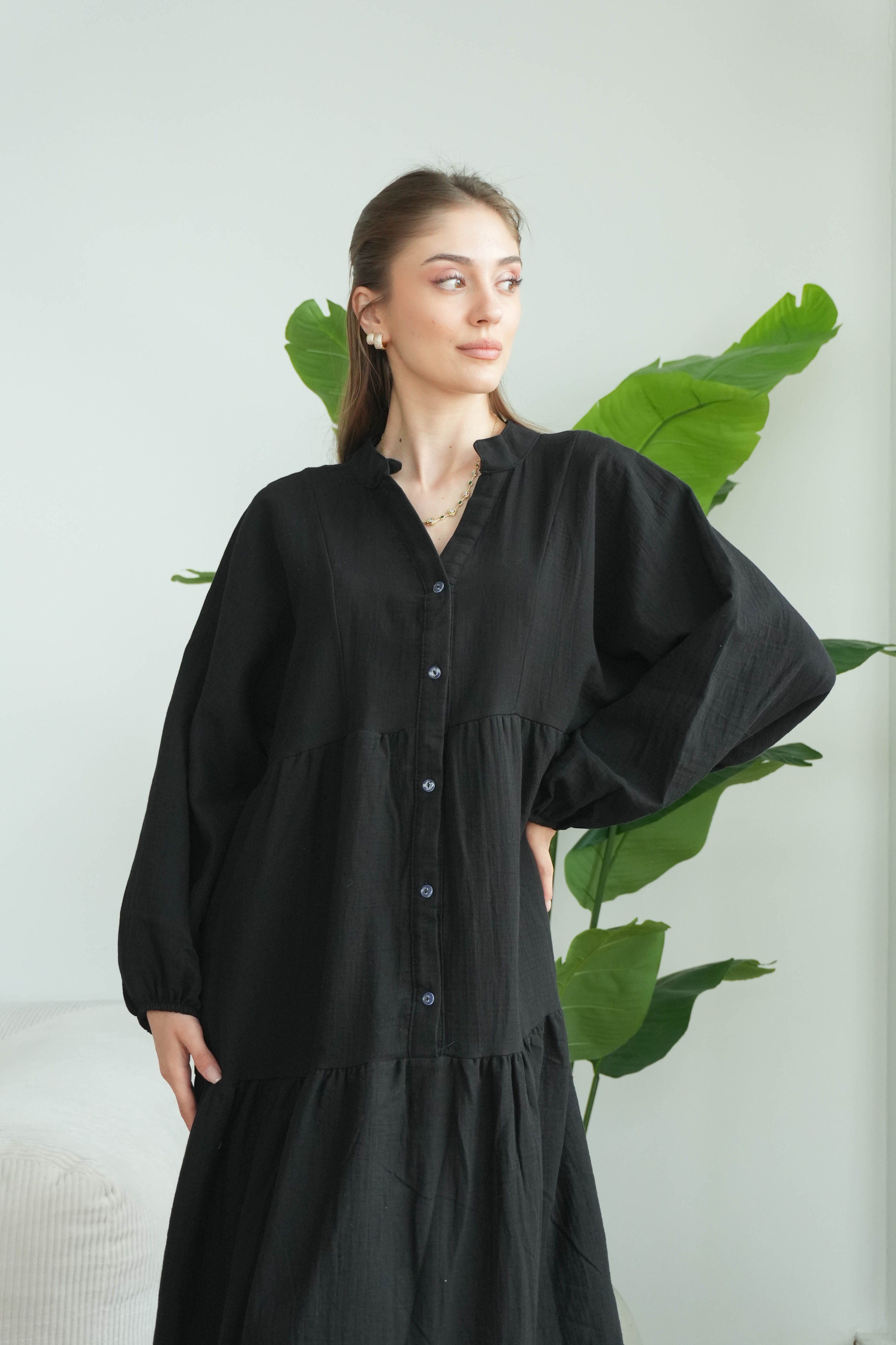 Müslin Oversize Uzun Elbise - Siyah