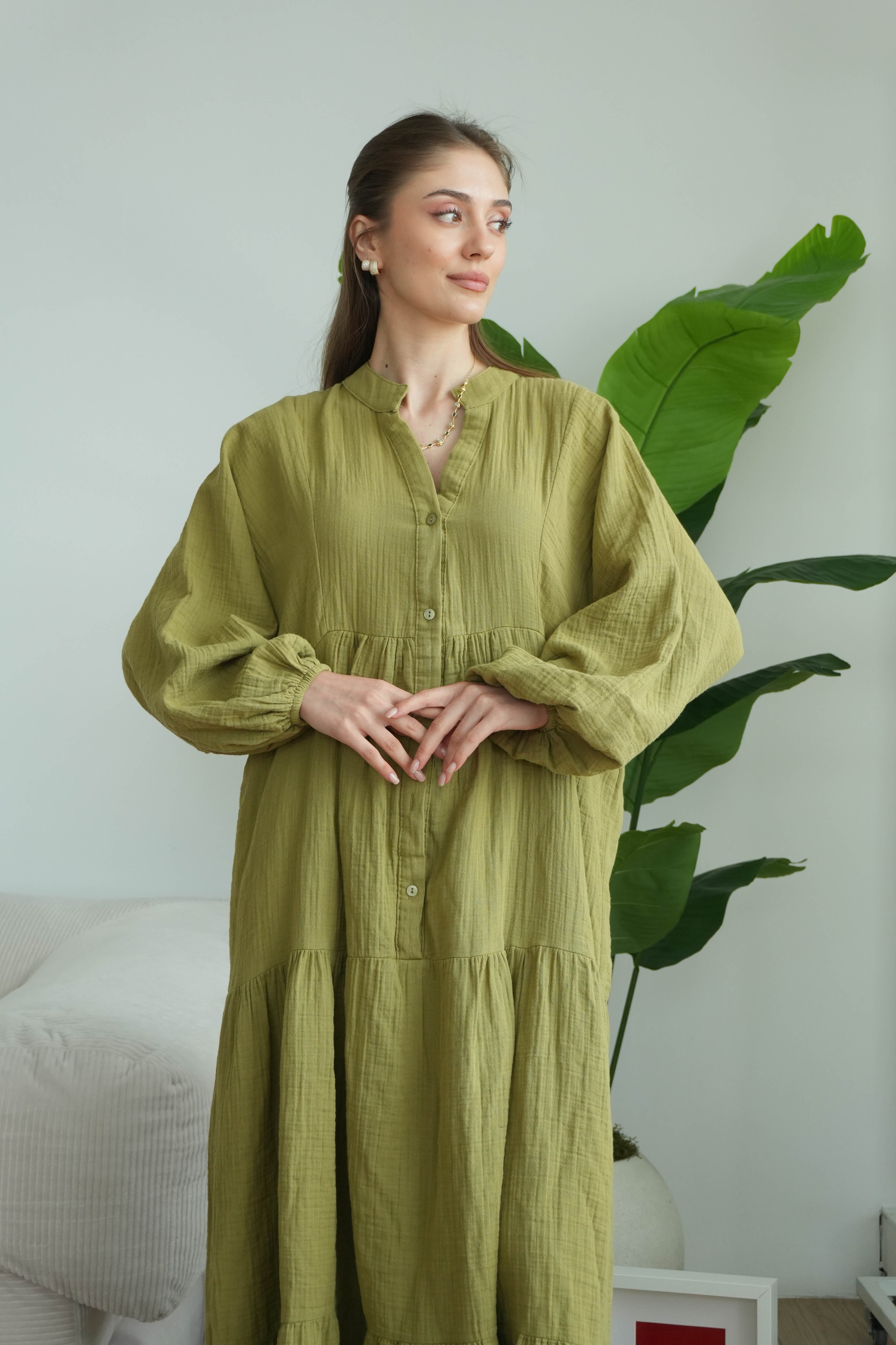 Müslin Oversize Uzun Elbise - Yağ Yeşili
