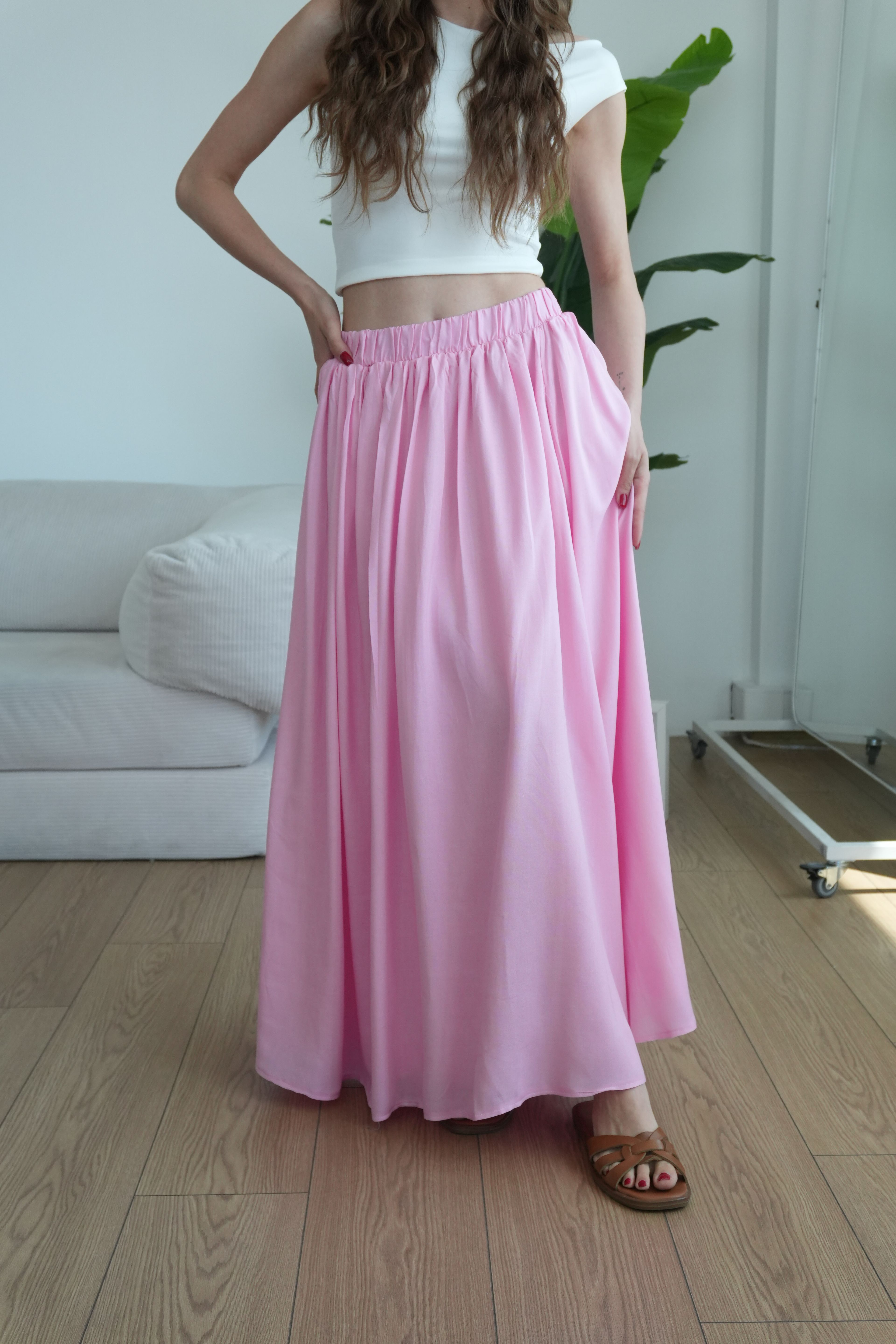 Rose Astarlı Dökümlü Pileli Etek - Pudra Pembe