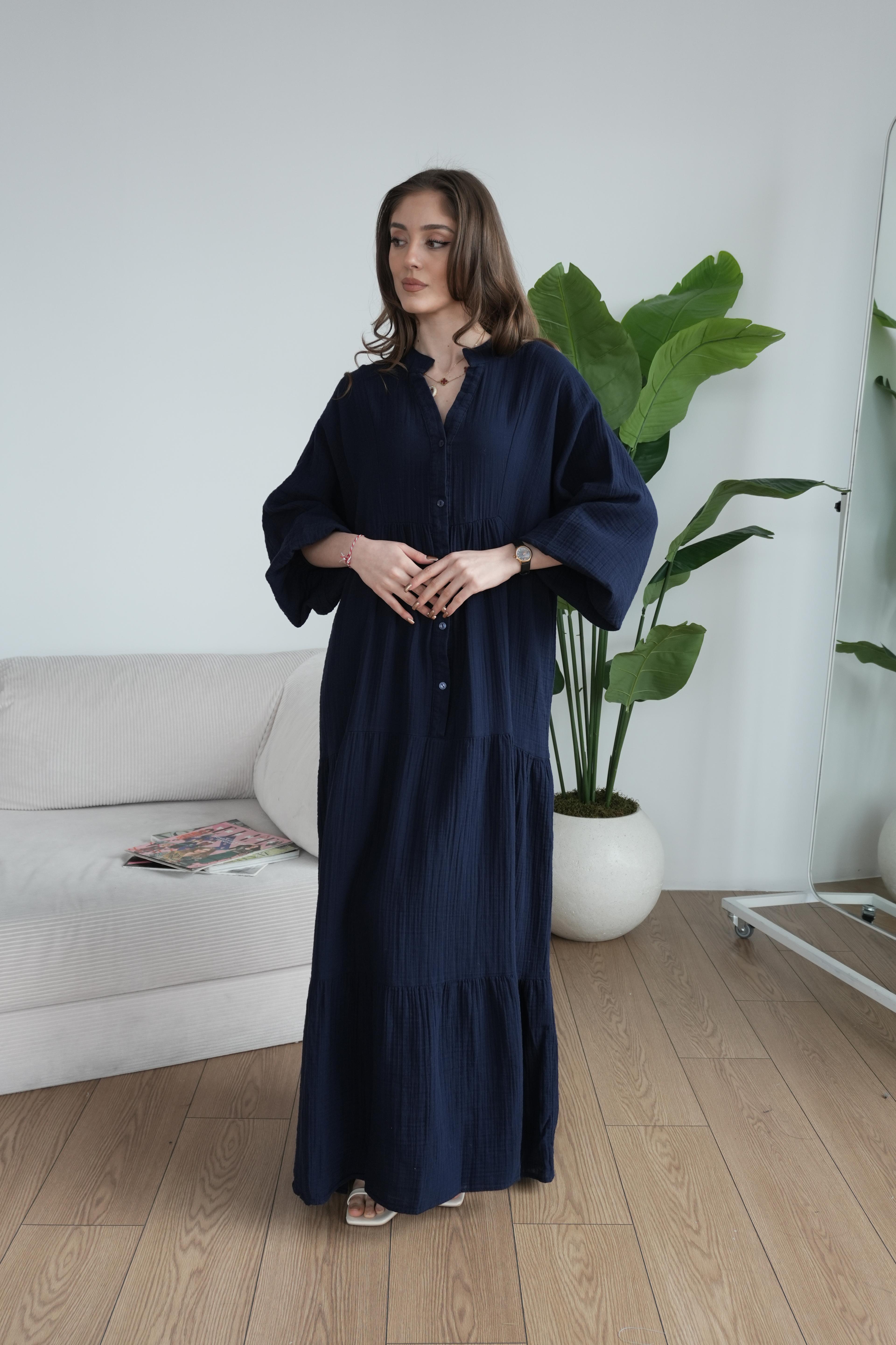 Müslin Oversize Uzun Elbise - Lacivert