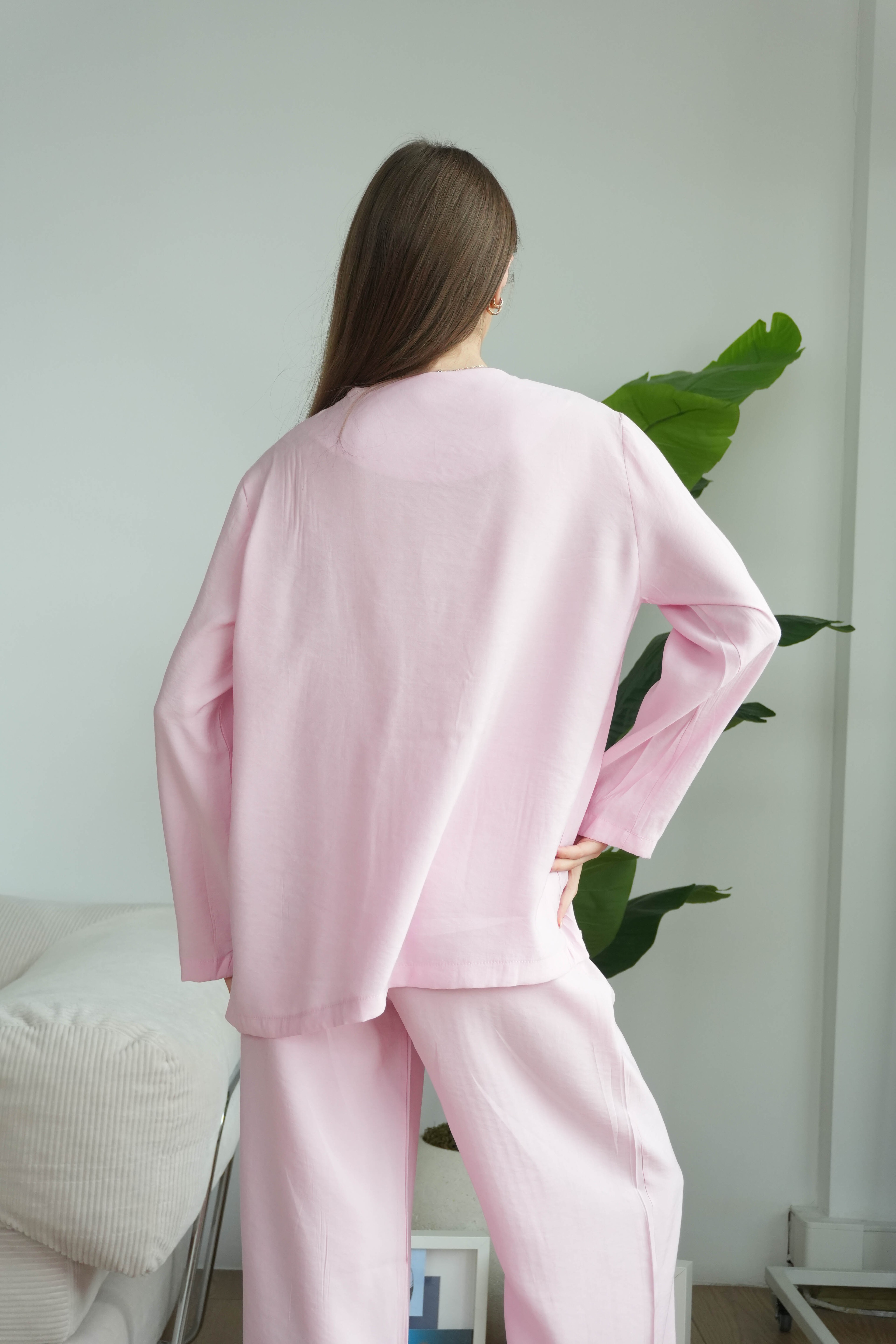Lady Önü Bağcıklı Kimonolu Tensel Takım - Pudra Pembe