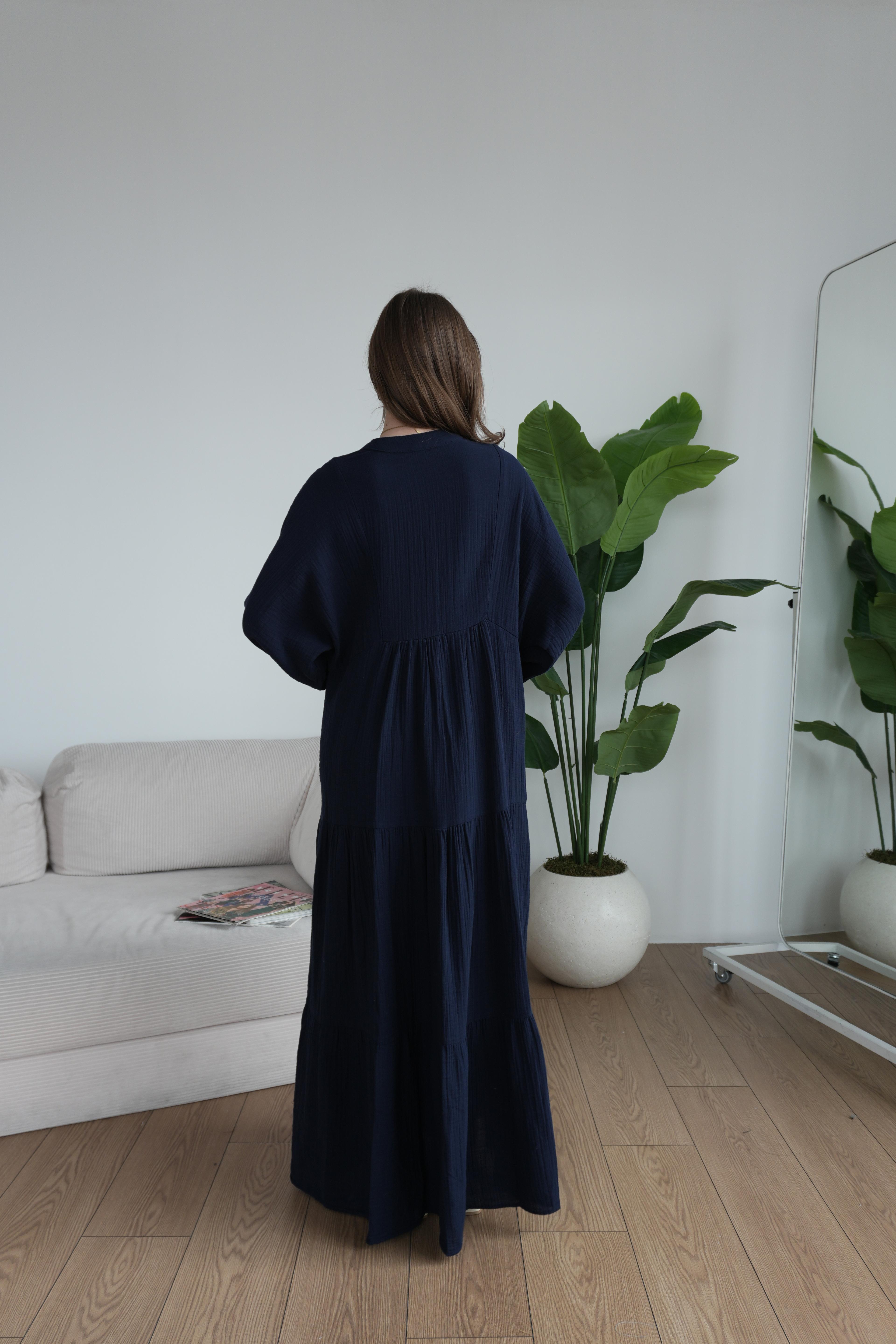 Müslin Oversize Uzun Elbise - Lacivert