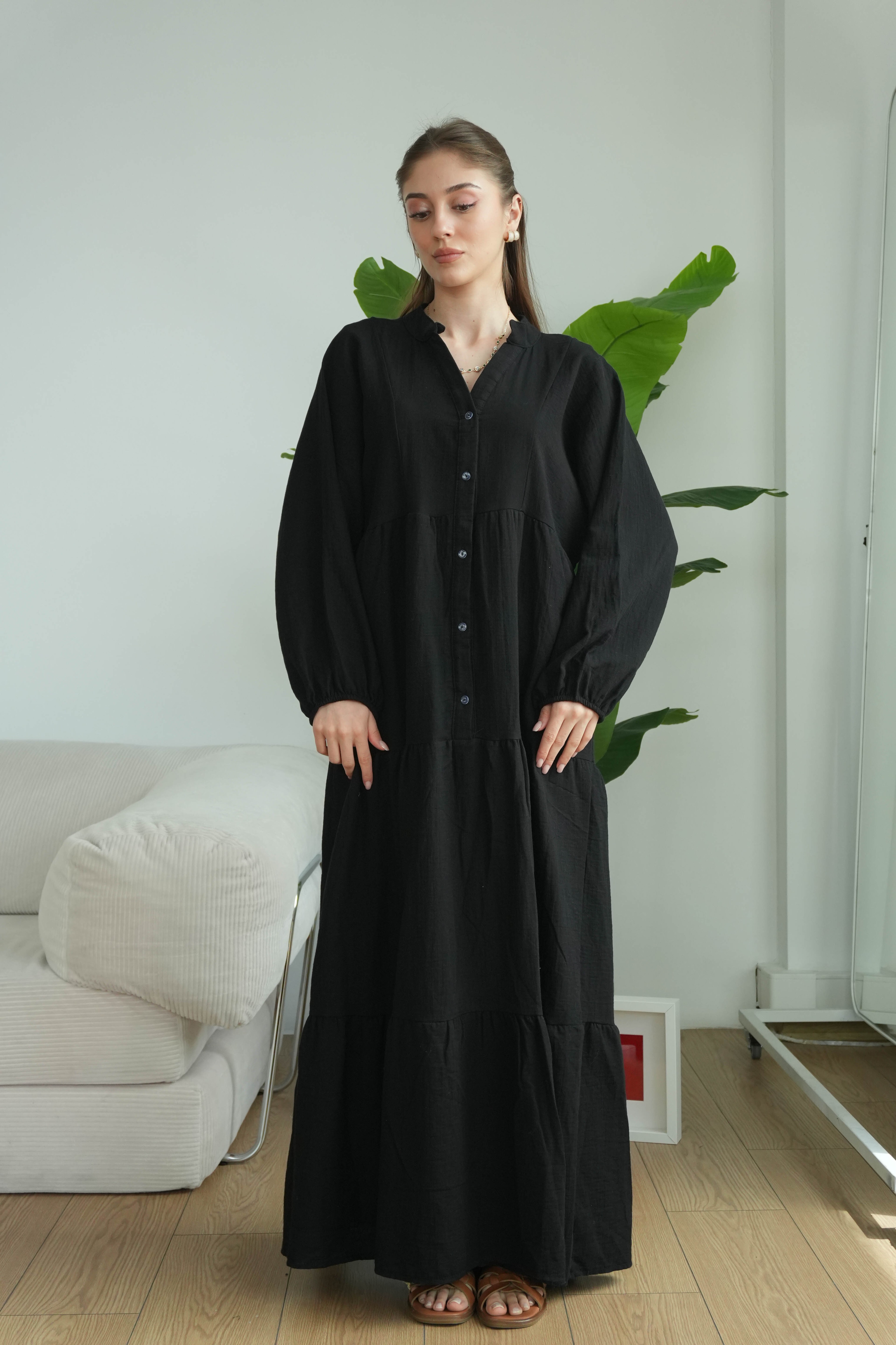 Müslin Oversize Uzun Elbise - Siyah