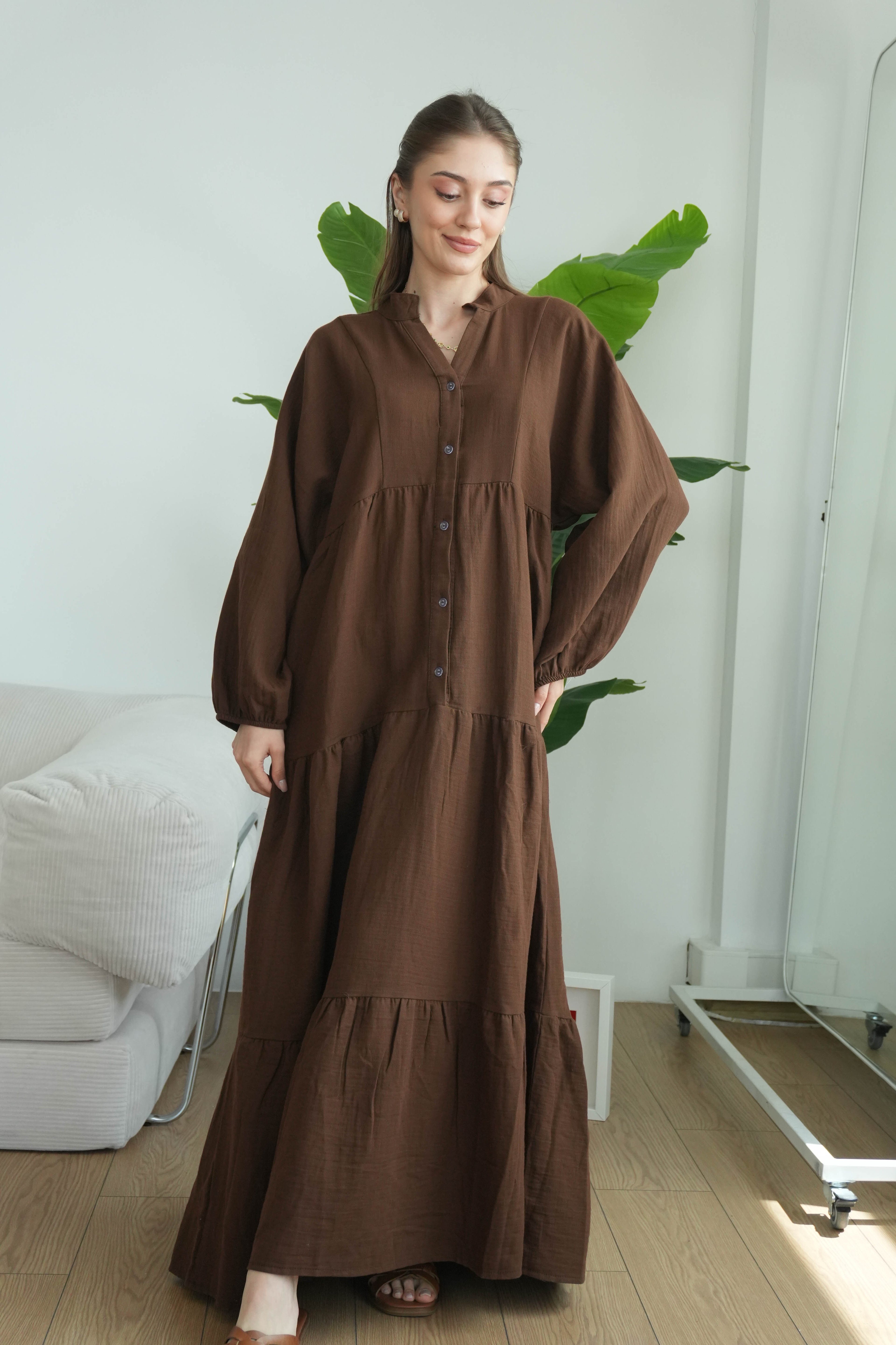 Müslin Oversize Uzun Elbise - Kahverengi