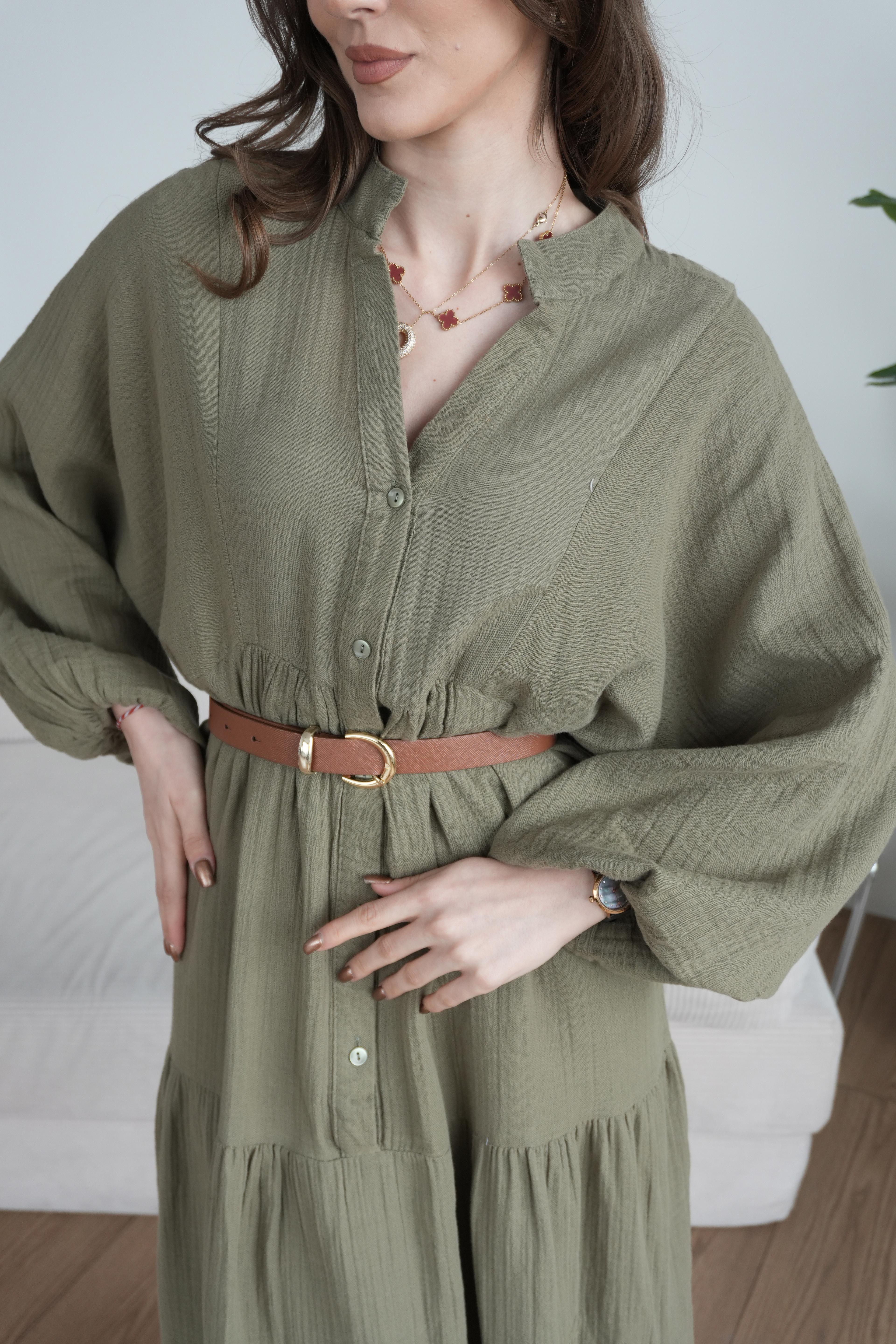 Müslin Oversize Uzun Elbise - Yeşil