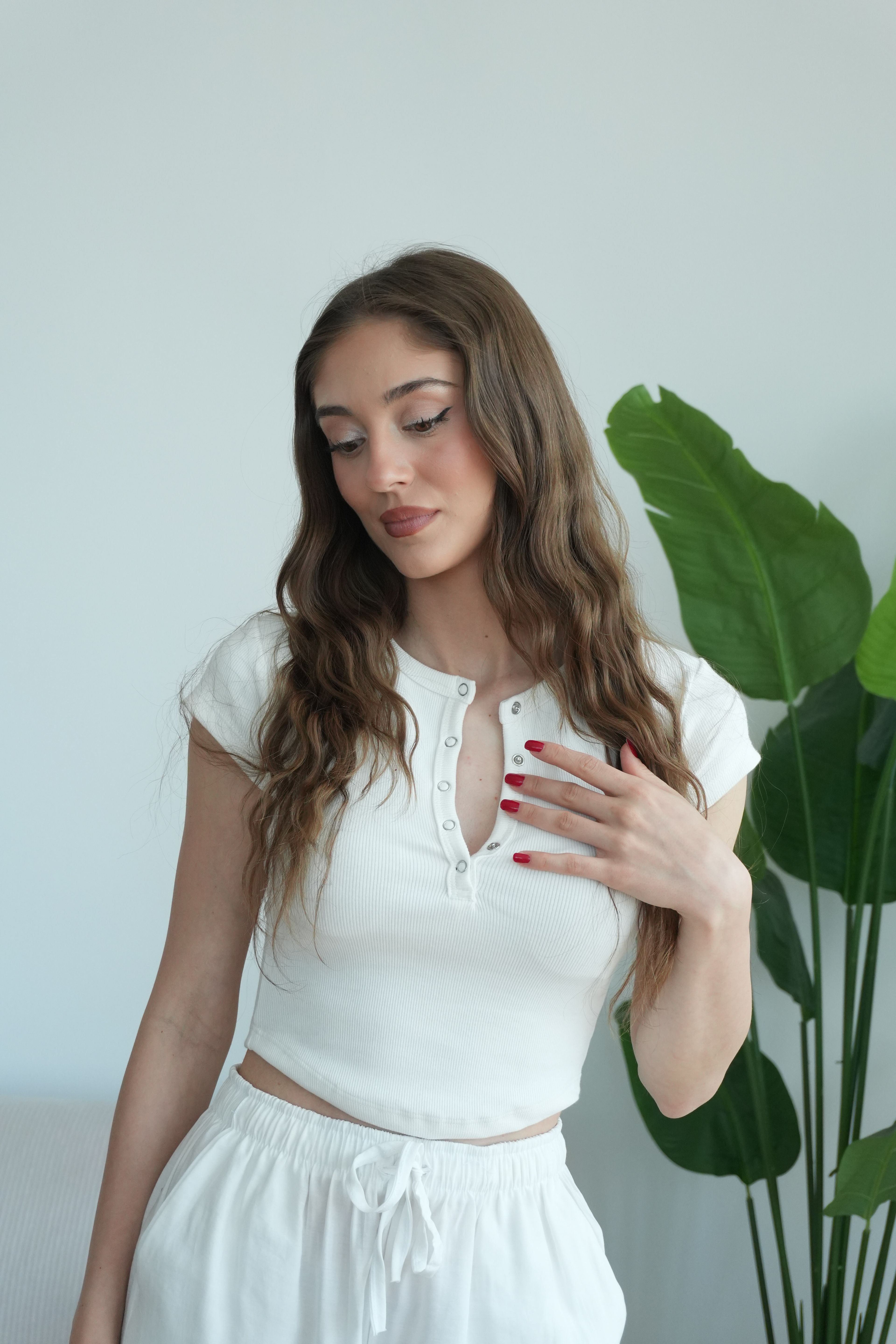 Merly Çıtçıtlı Fitilli Bluz - Beyaz
