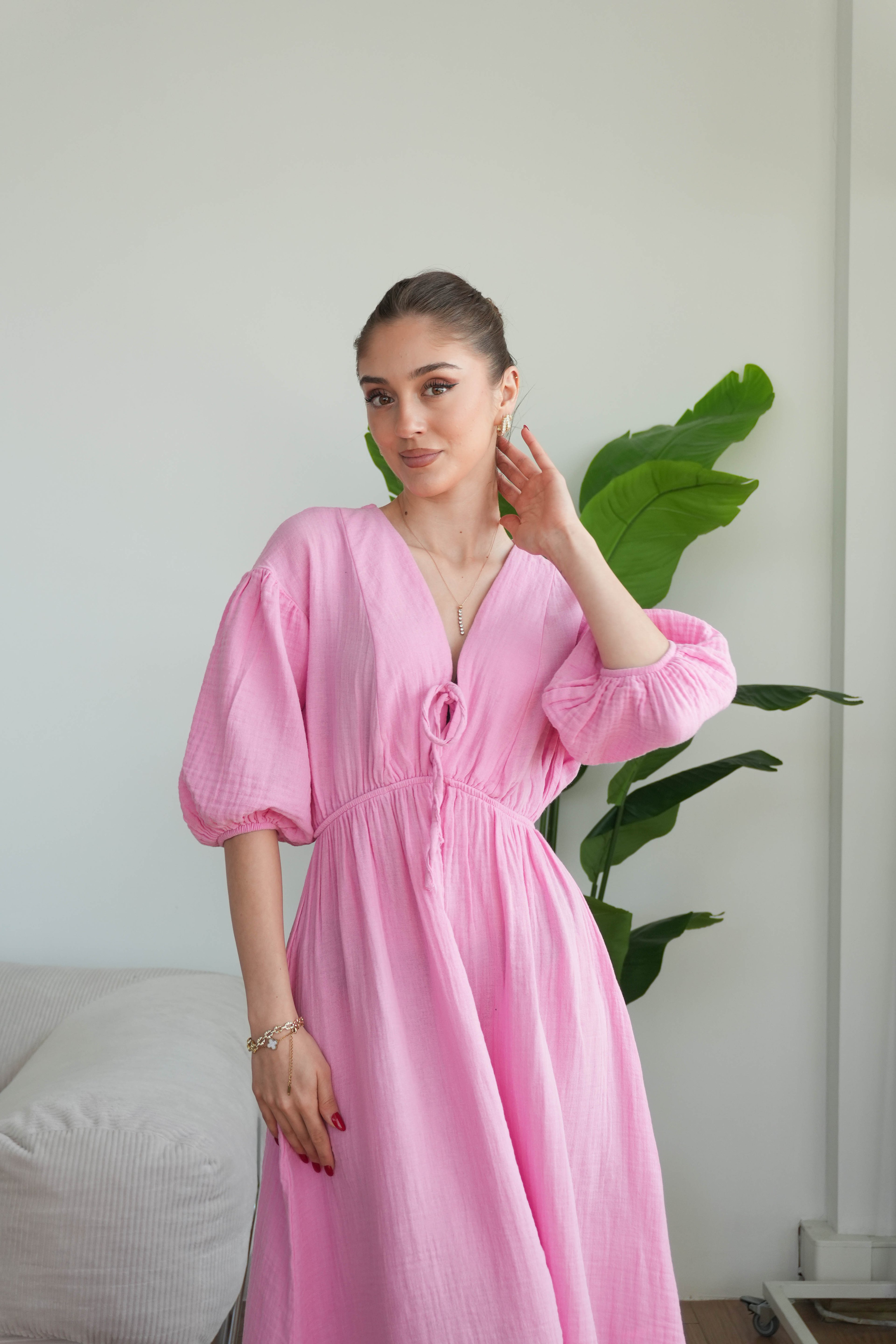 Elaris Pamuklu Müslin Elbise  - Pembe