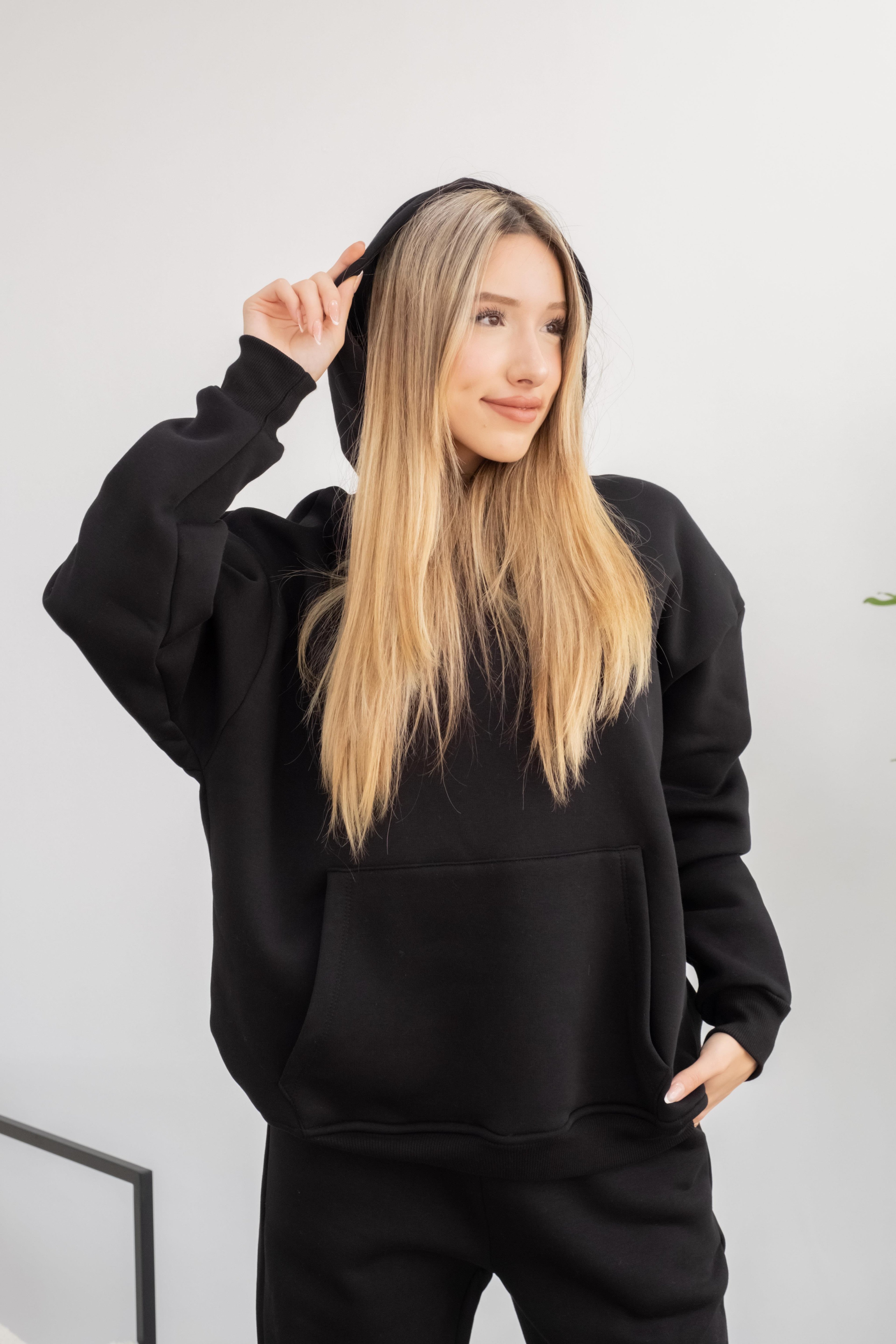 Oversize Unisex Hoodie Eşofman Takımı 3 İplik Şardonlu - Siyah