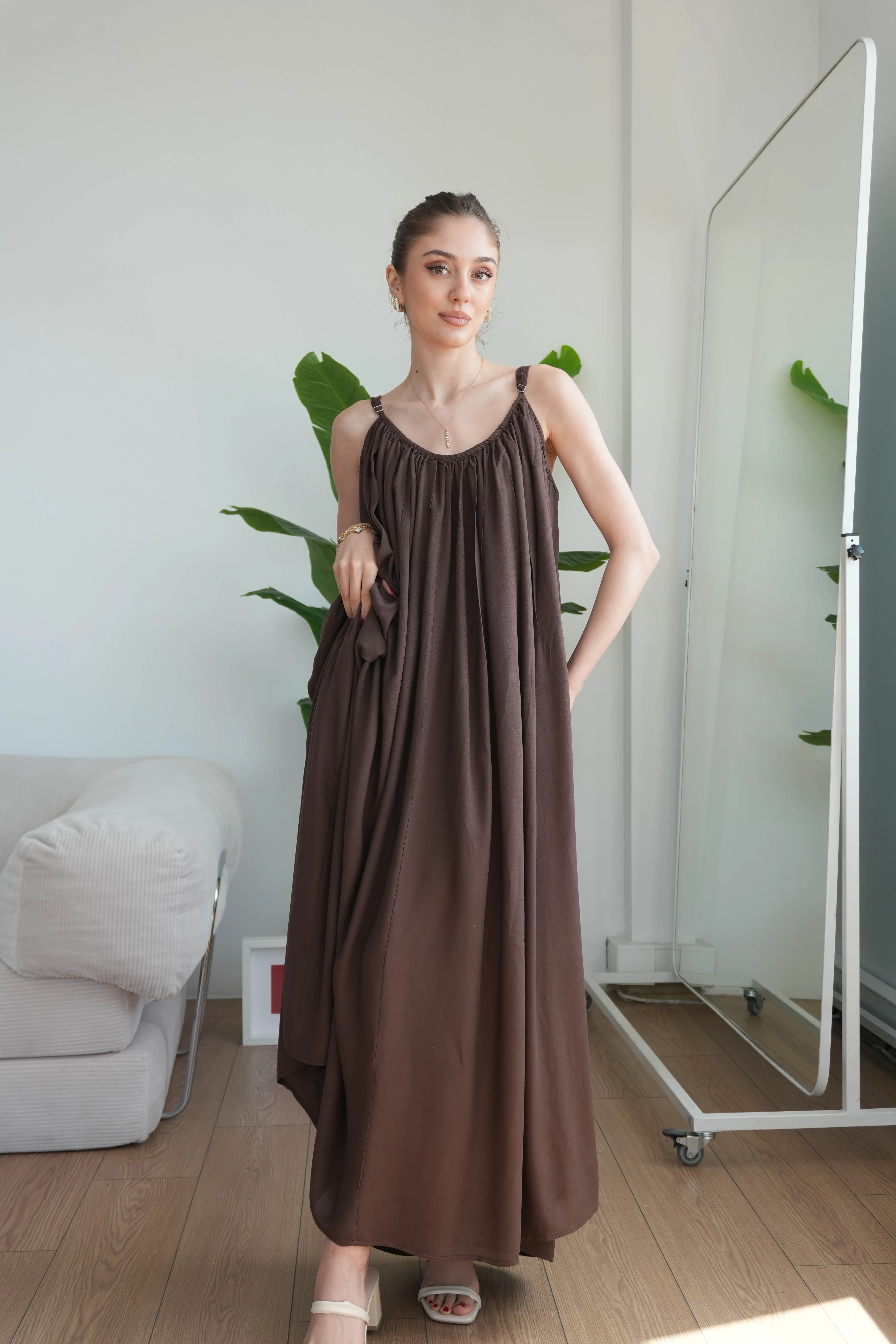 Virella Askılı Elbise  - Kahverengi