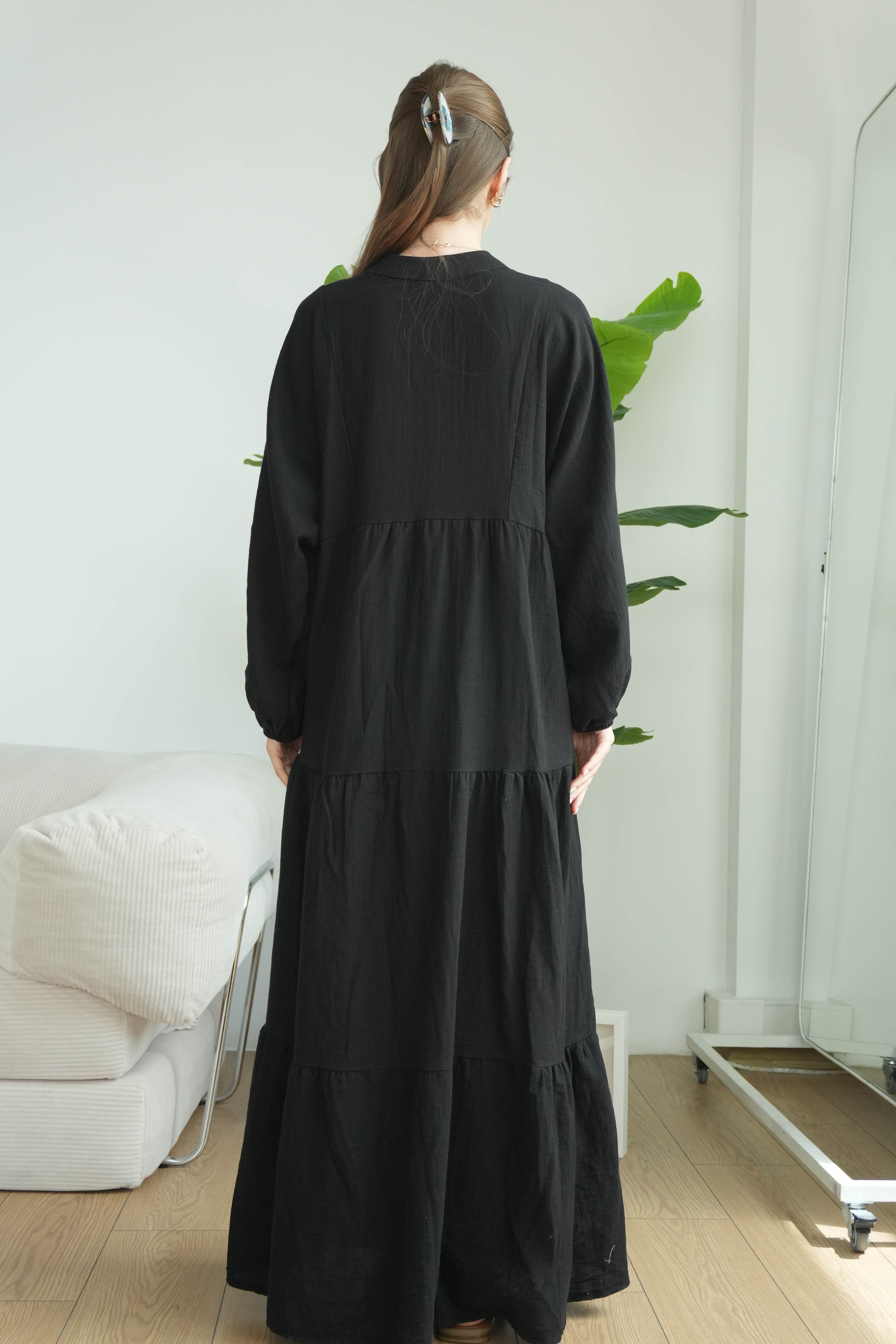 Müslin Oversize Uzun Elbise - Siyah