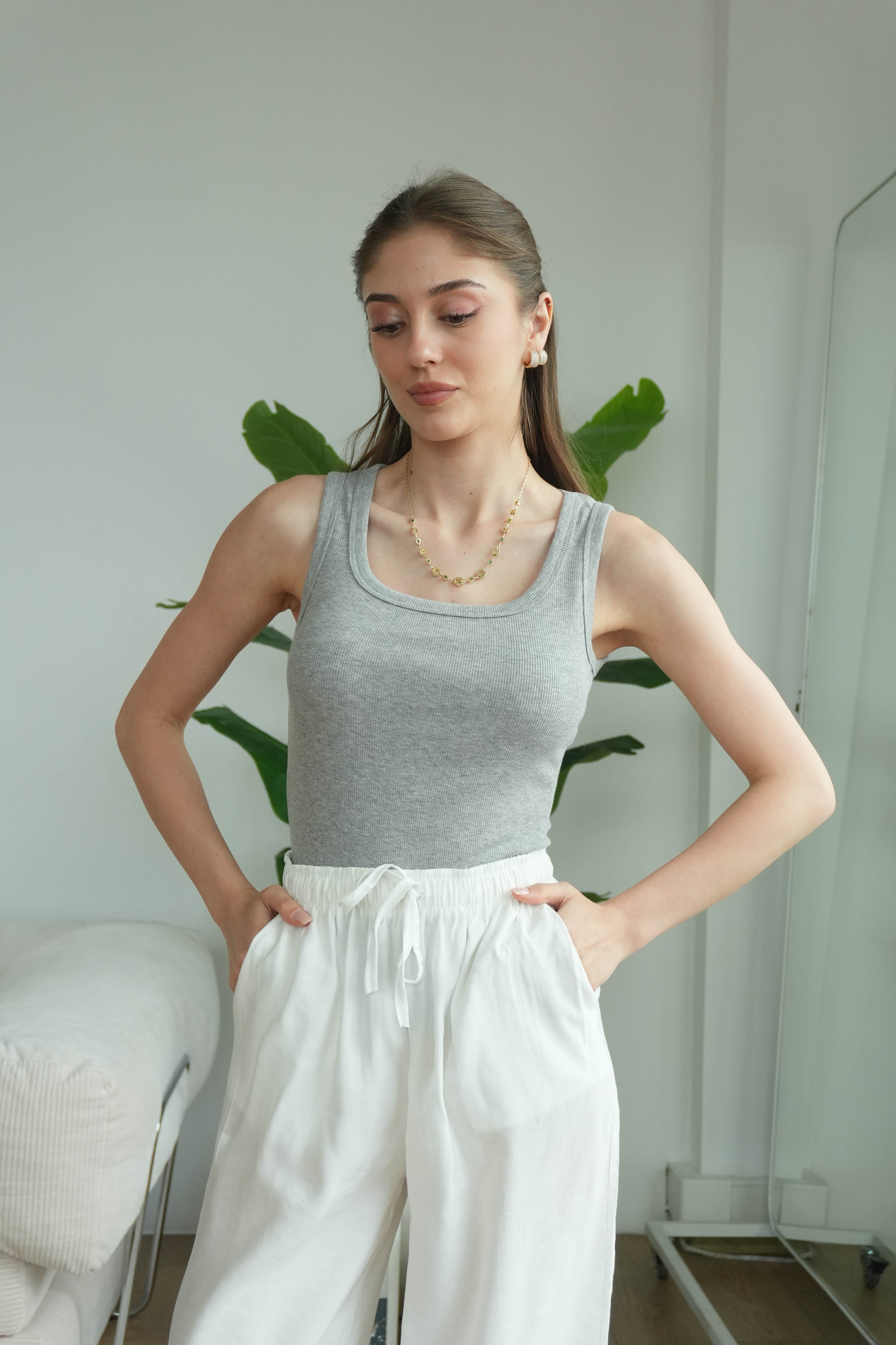 Sienna Kare Yaka Askılı Atlet - Açık Gri