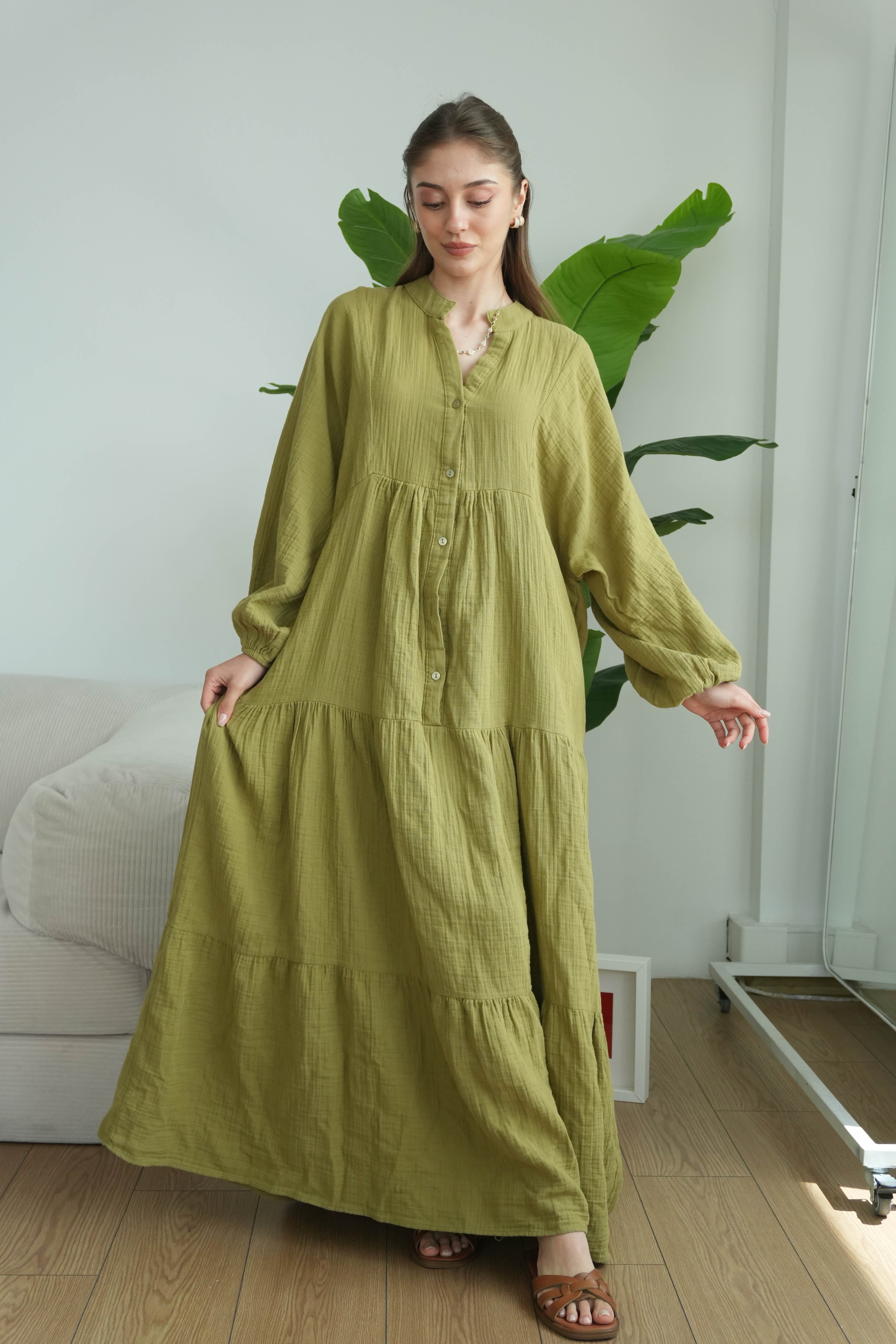 Müslin Oversize Uzun Elbise - Yağ Yeşili