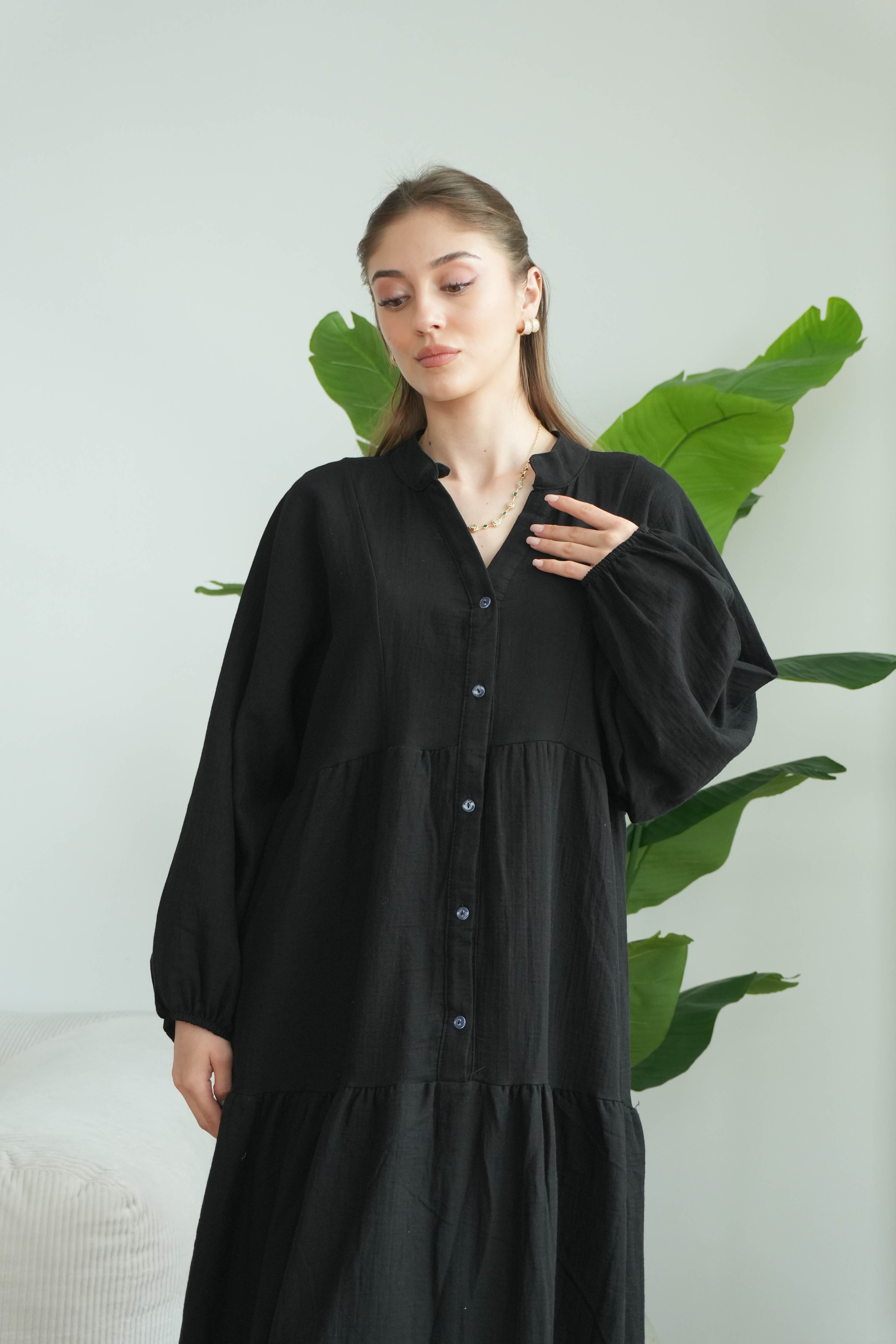 Müslin Oversize Uzun Elbise - Siyah