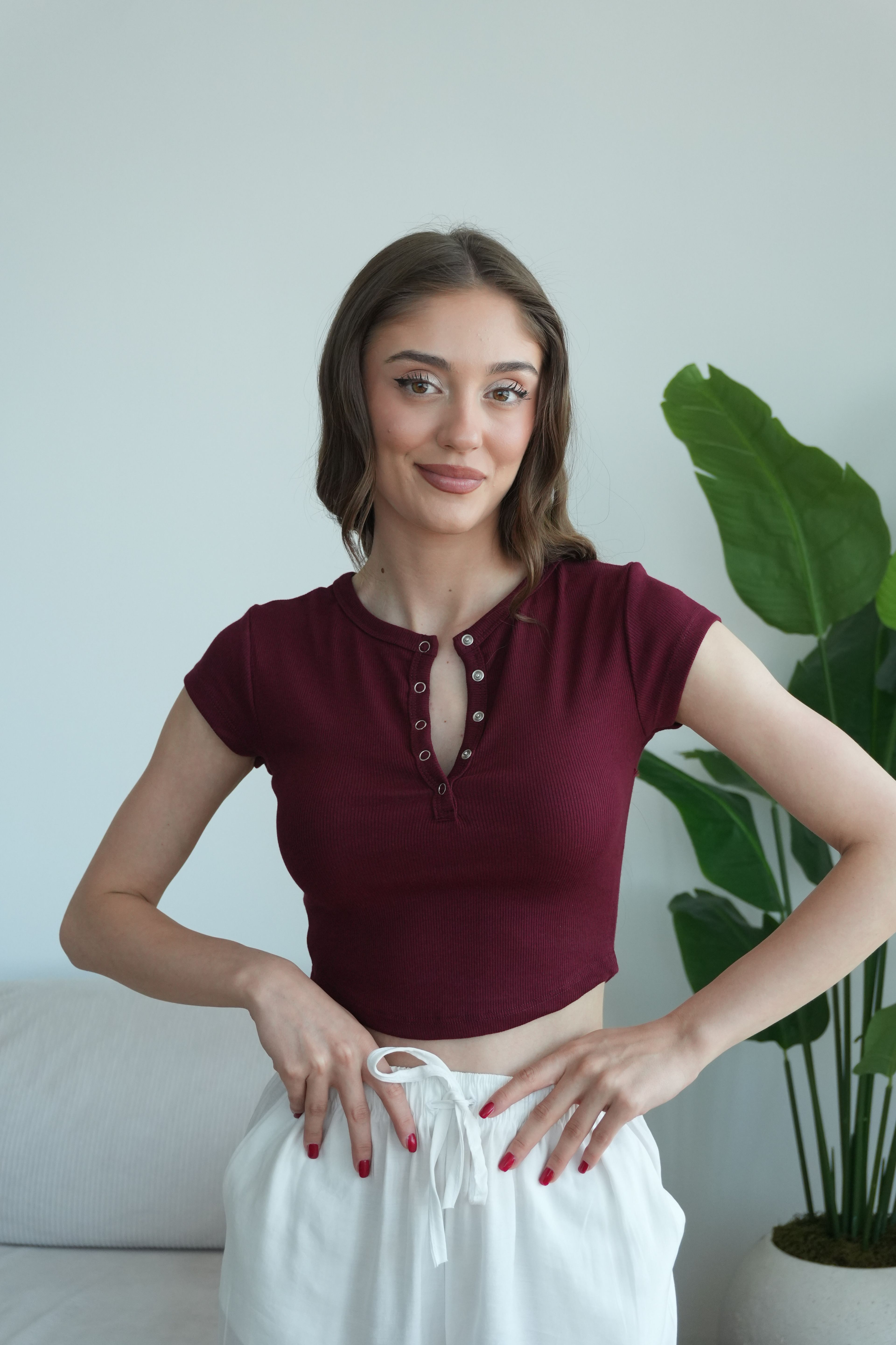 Merly Çıtçıtlı Fitilli Bluz - Bordo