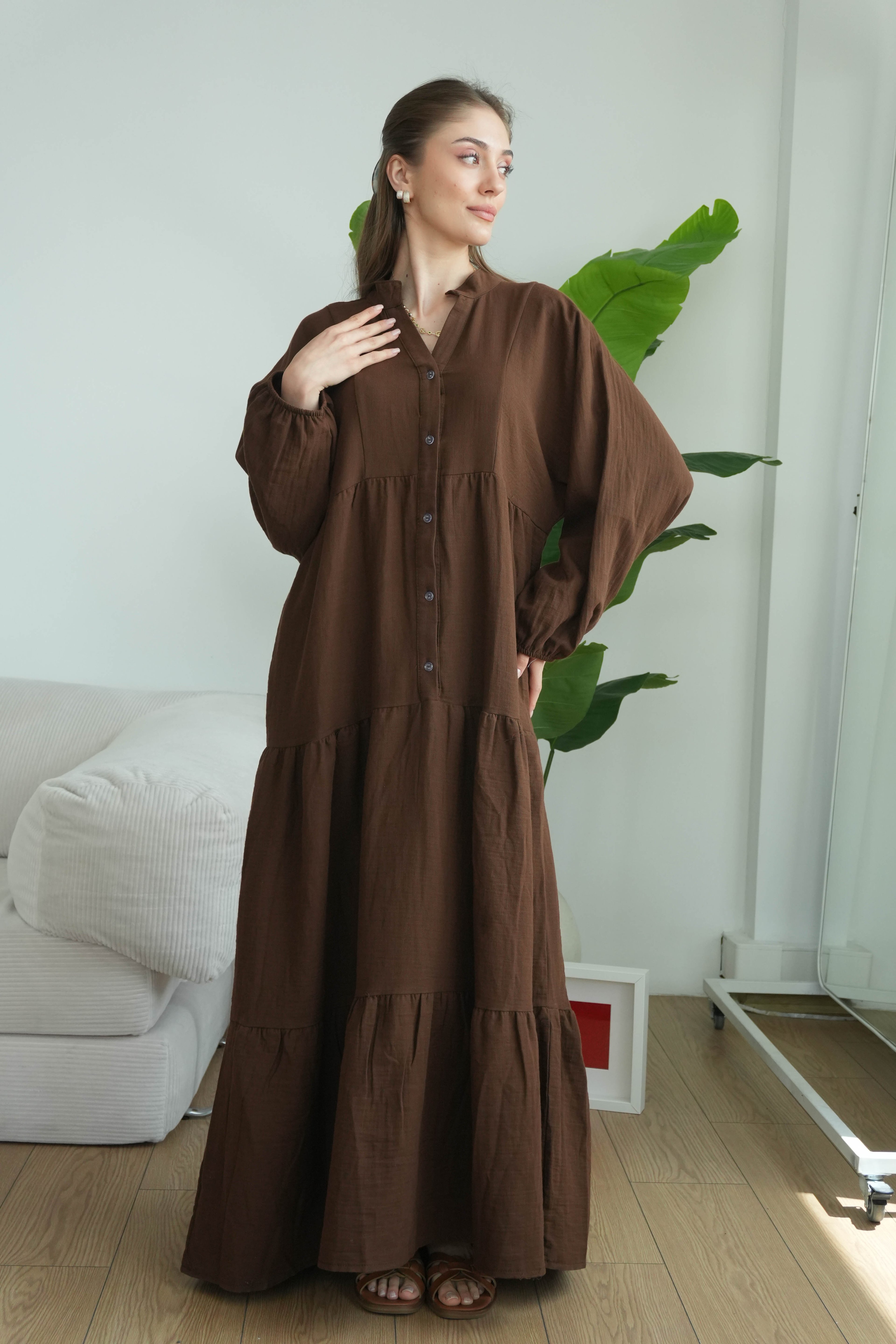 Müslin Oversize Uzun Elbise - Kahverengi