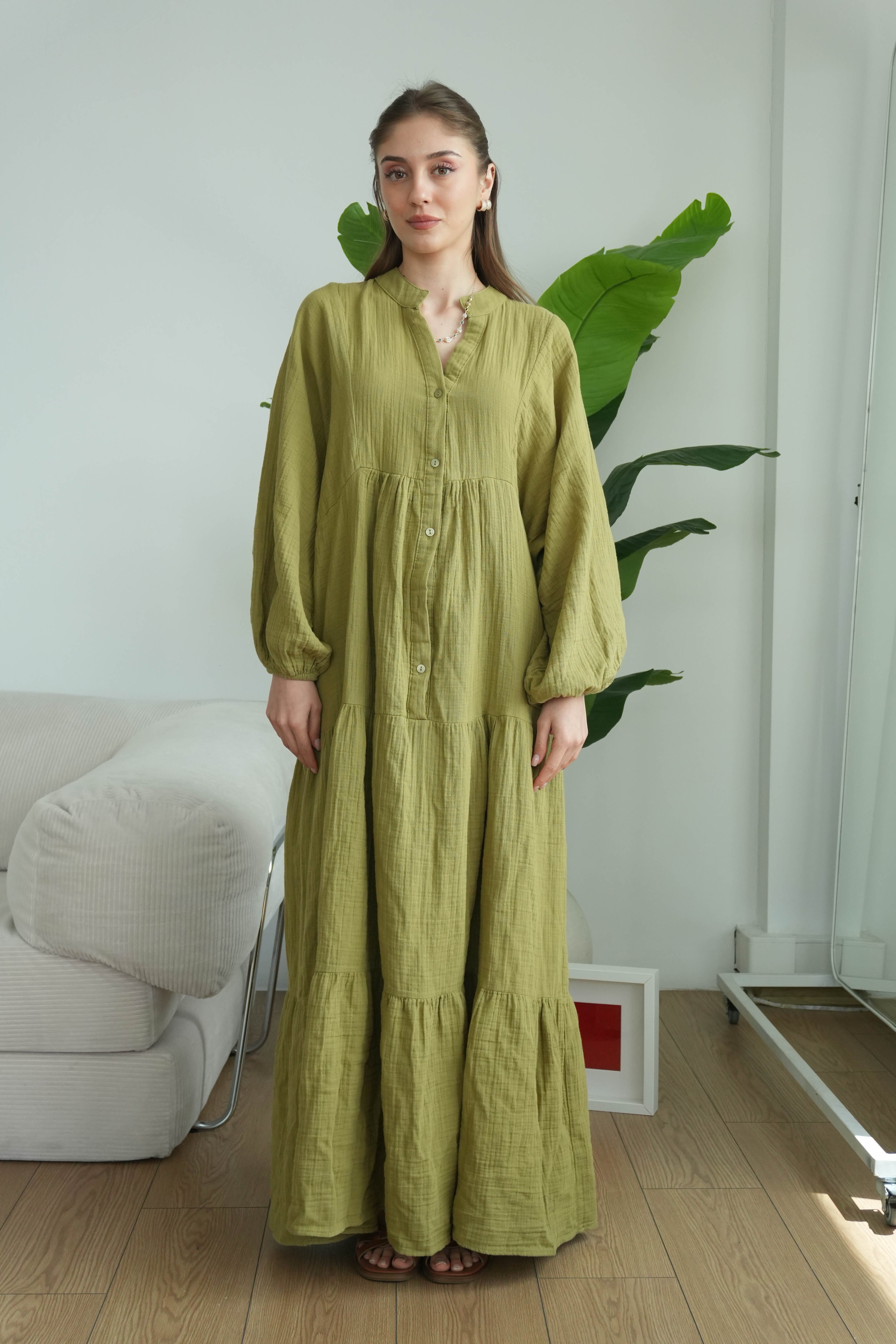 Müslin Oversize Uzun Elbise - Yağ Yeşili