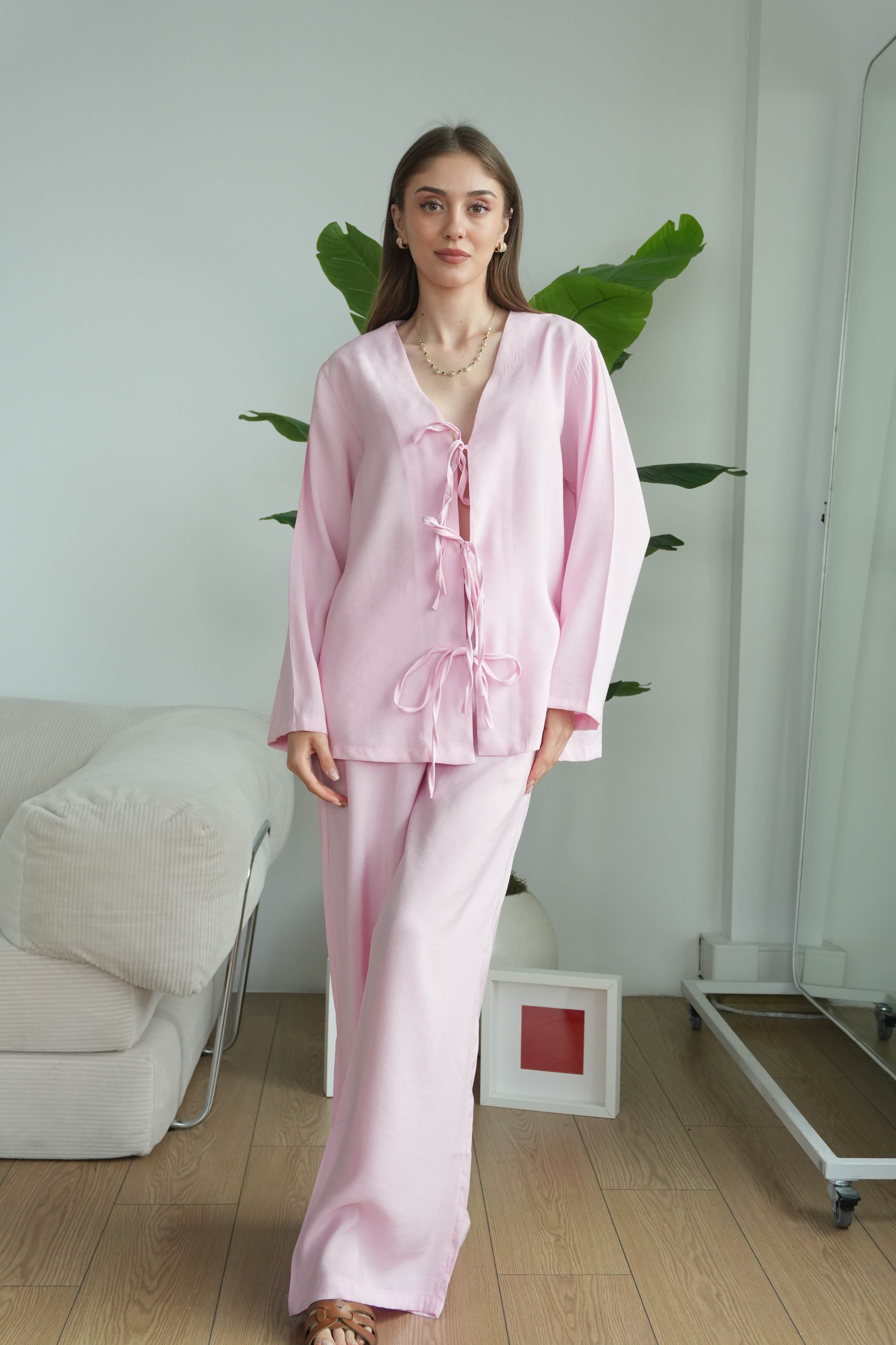Lady Önü Bağcıklı Kimonolu Tensel Takım - Pudra Pembe